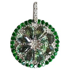 MADE IN JAPAN Certified Green Sapphire, Peridot and Diamond Pendant 18K WH Gold