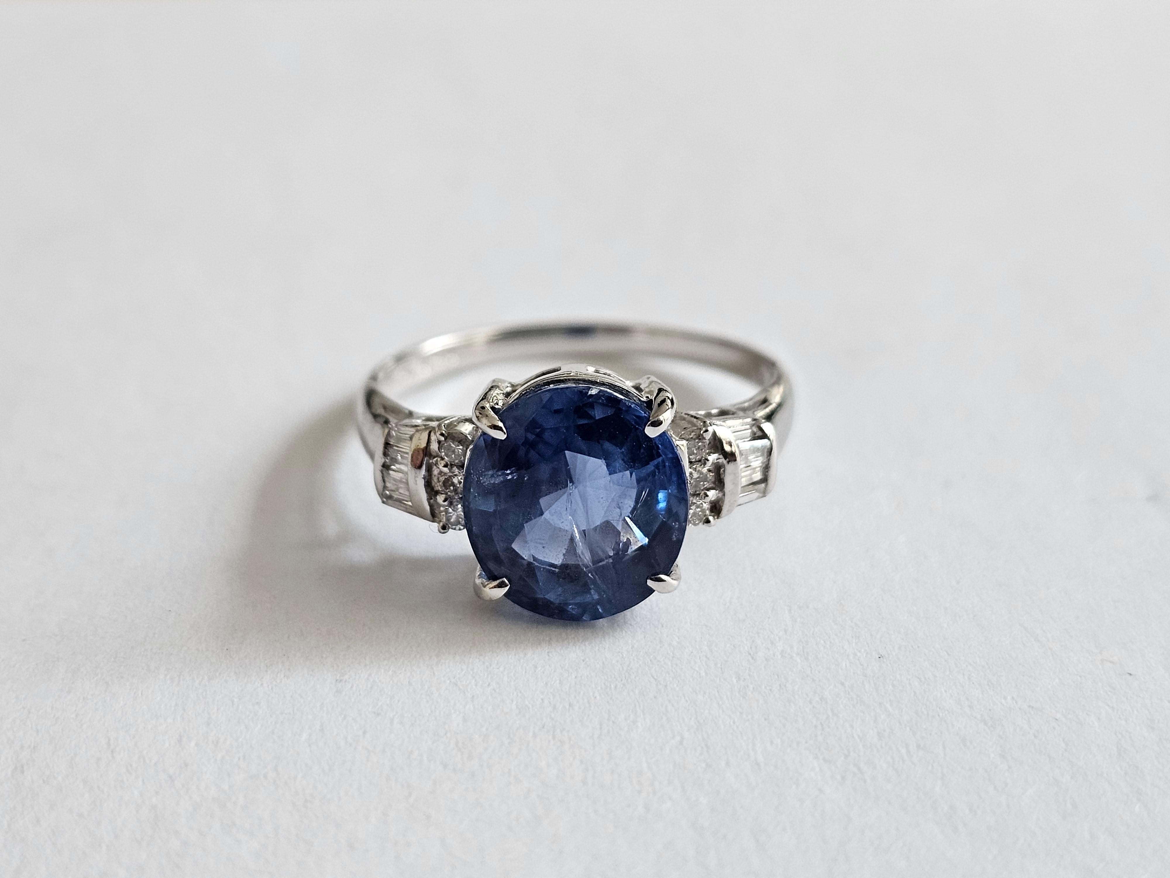 Made in Japan - Ceylon Blue Sapphire (4.526 cts.) Ring w 18K WH Gold, Diamonds For Sale 8