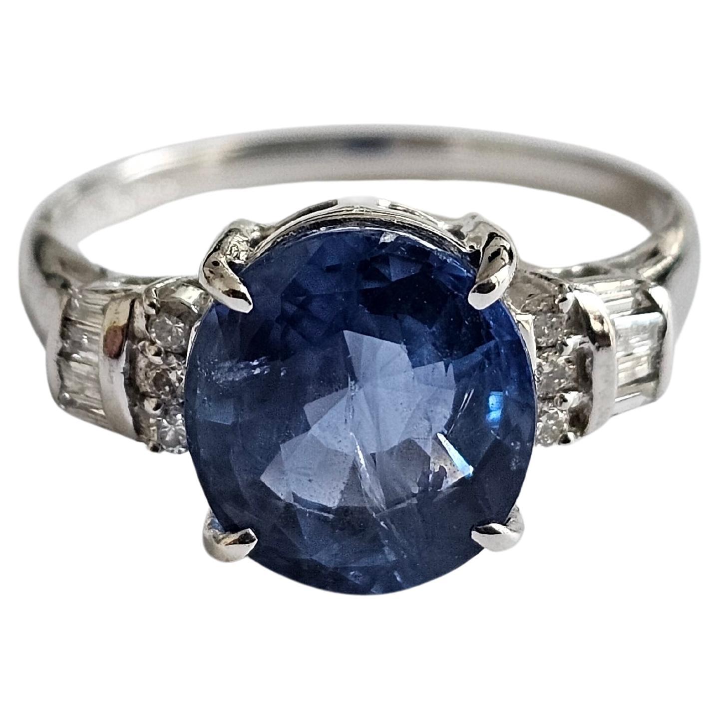 Made in Japan - Ceylon Blue Sapphire (4.526 cts.) Ring w 18K WH Gold, Diamonds For Sale