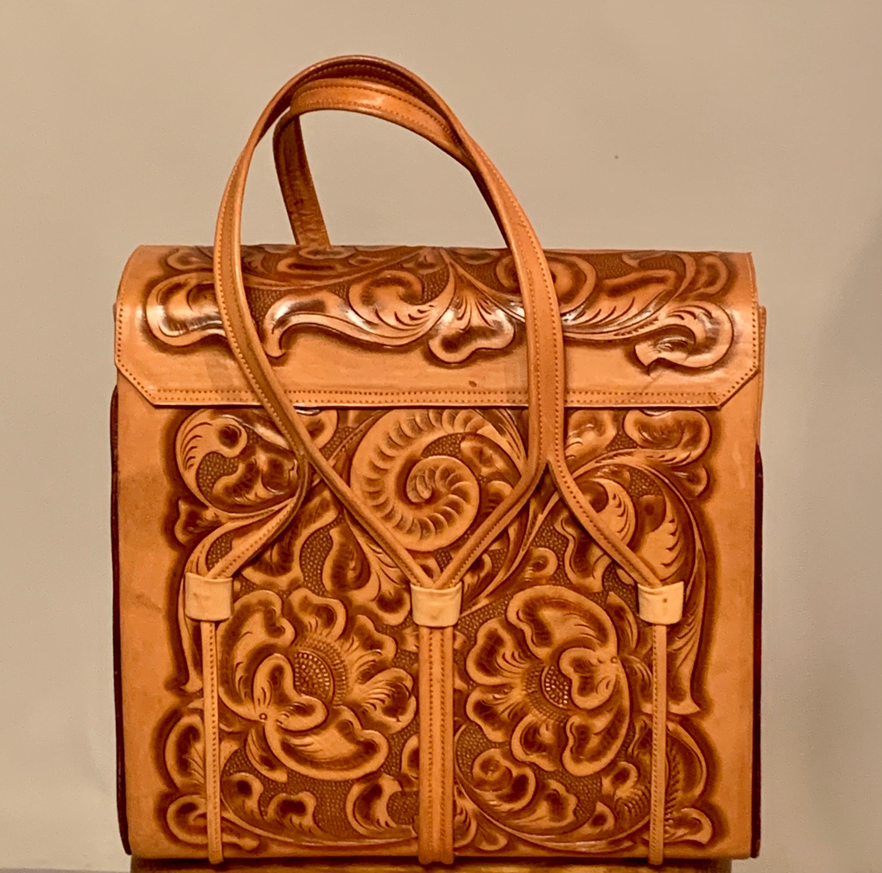 Brown Made in Mexico Hand Tooled Large Handbag or Tote