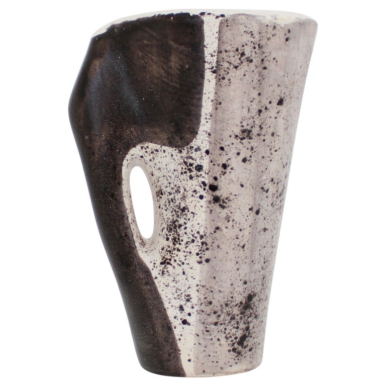 Mado Jolain French Ceramic Vase with Abstract Drawings Black, White and Grey For Sale