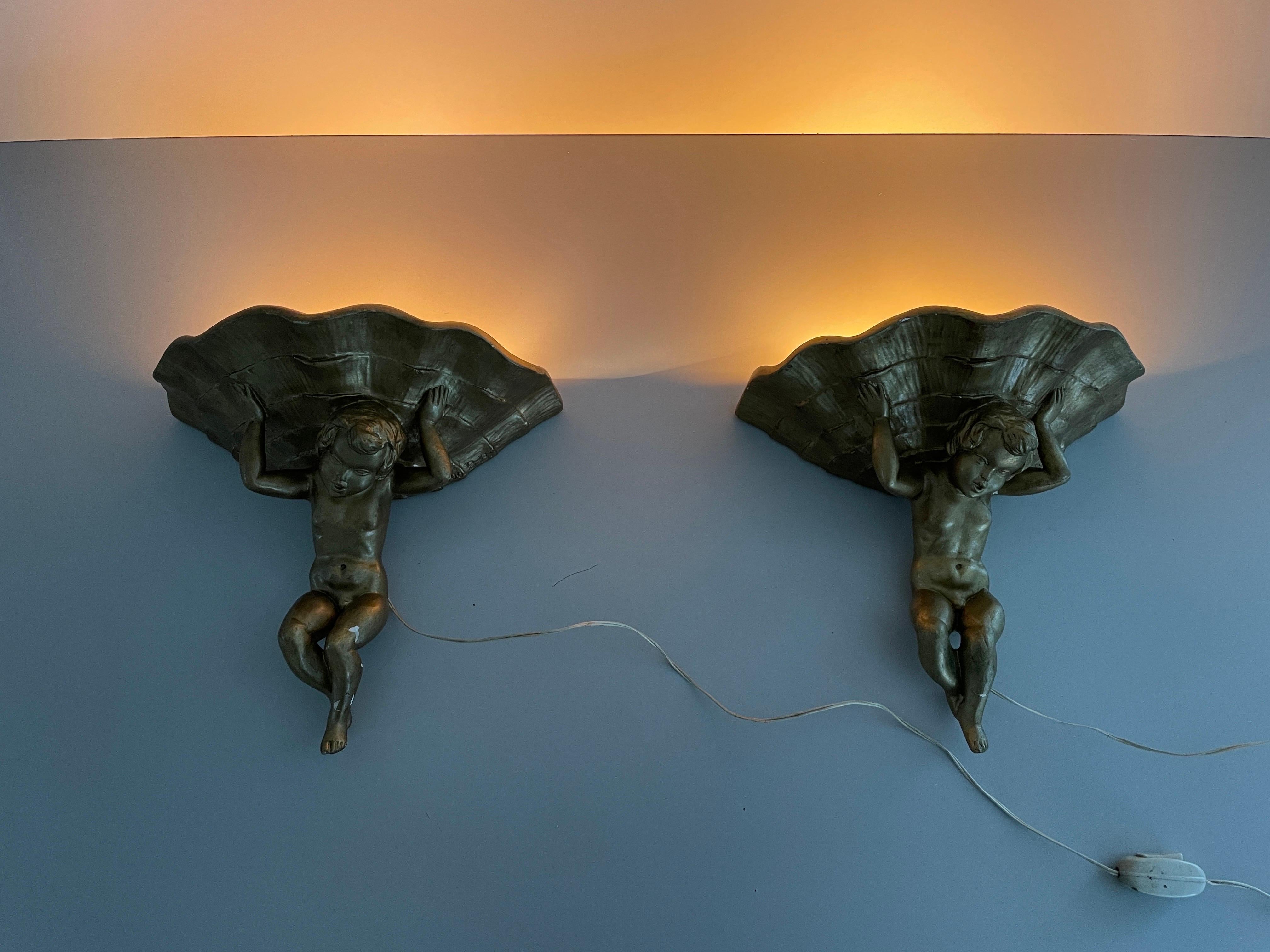 Made of Plaster Gold Coloured Pair of Sconces in Angel Sculpture, 1960s, Italy For Sale 6
