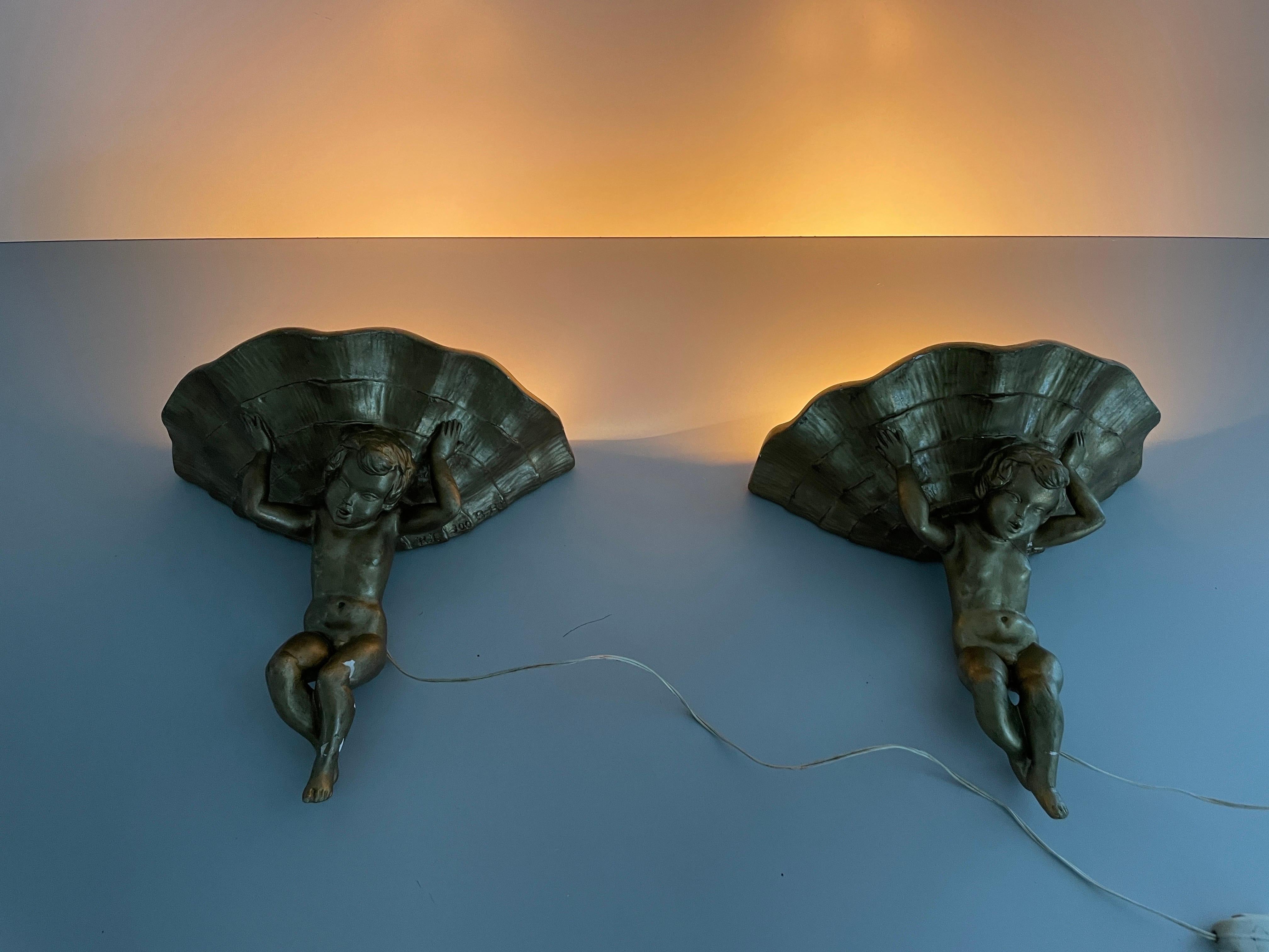 Made of Plaster Gold Coloured Pair of Sconces in Angel Sculpture, 1960s, Italy For Sale 7