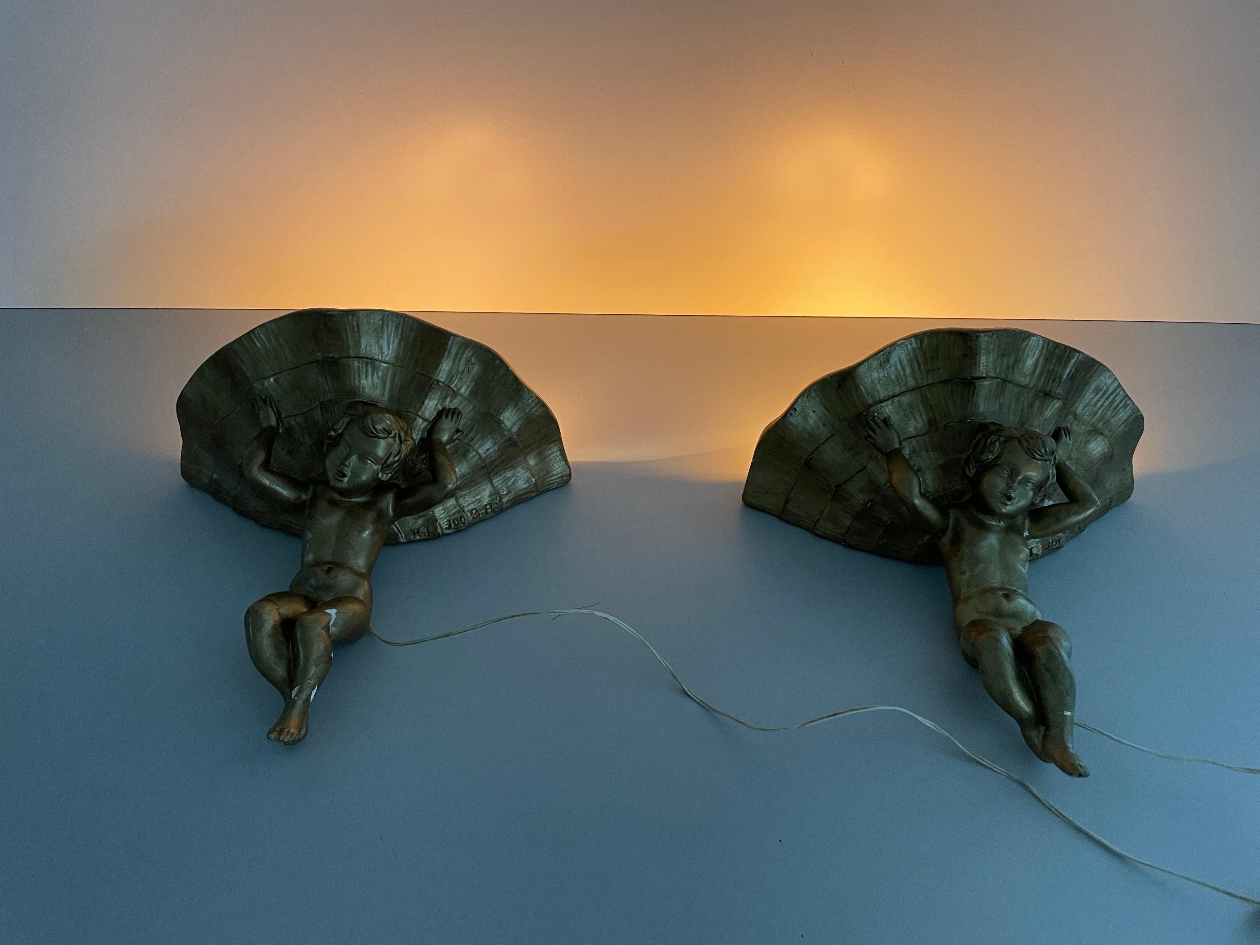 Made of Plaster Gold Coloured Pair of Sconces in Angel Sculpture, 1960s, Italy For Sale 9