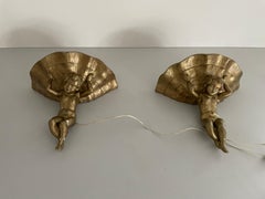 Made of Plaster Gold Coloured Pair of Sconces in Angel Sculpture, 1960s, Italy