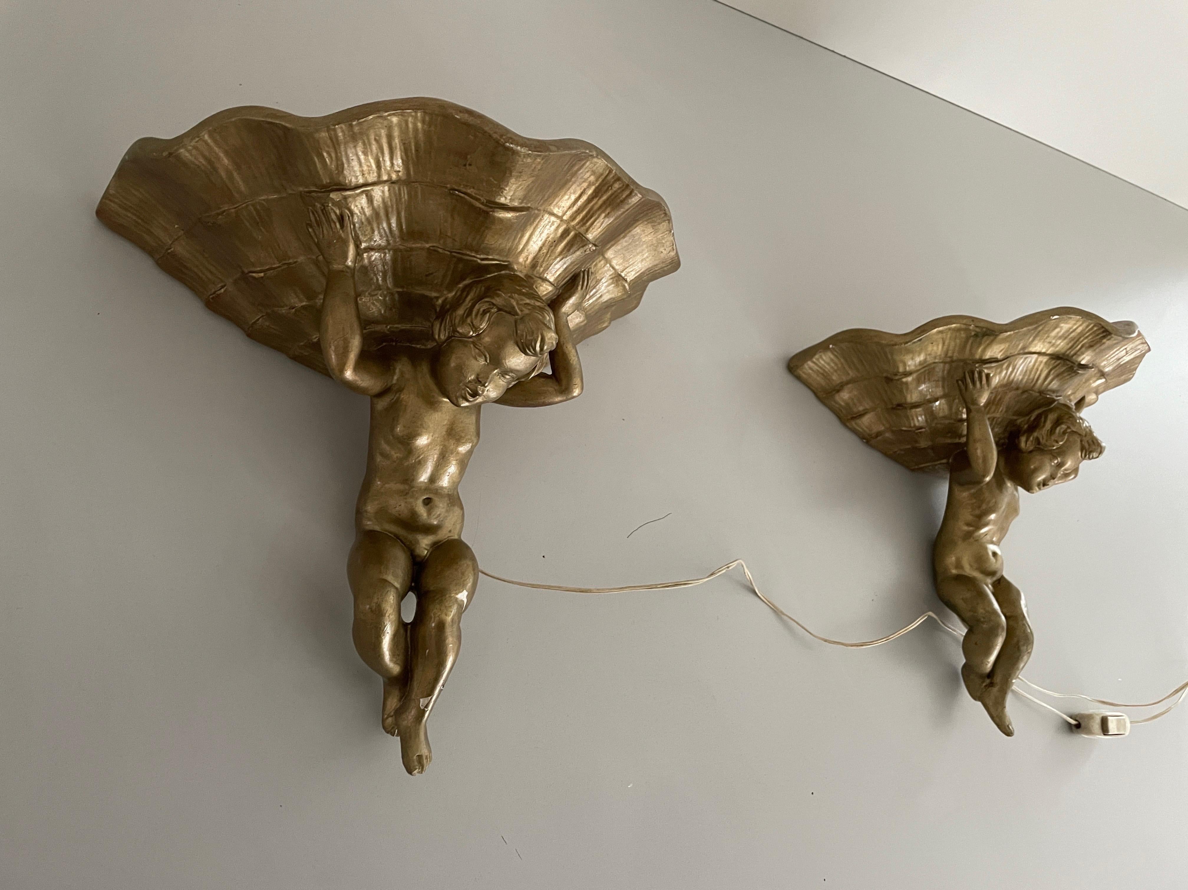Mid-20th Century Made of Plaster Gold Coloured Pair of Sconces in Angel Sculpture, 1960s, Italy For Sale