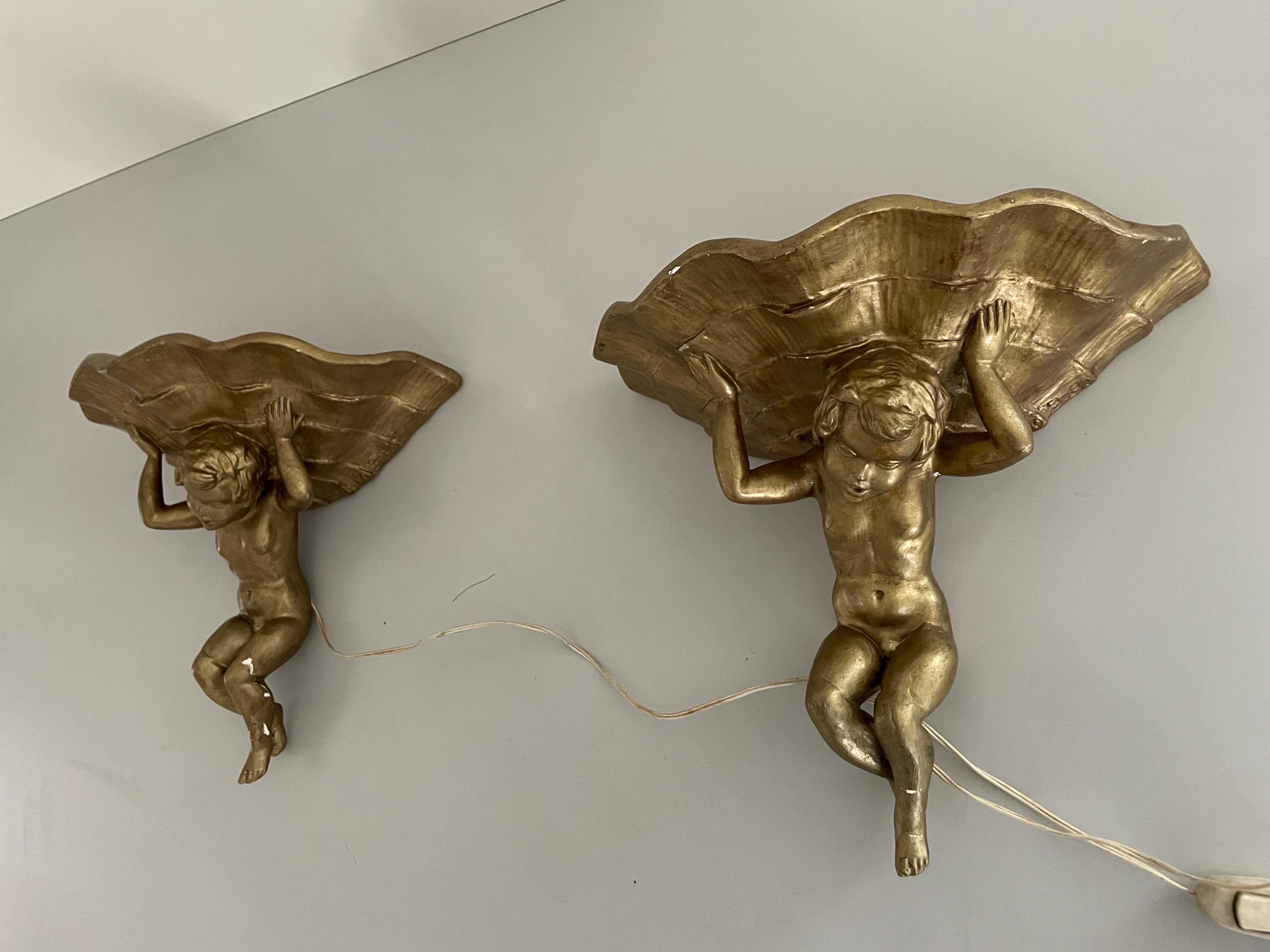Made of Plaster Gold Coloured Pair of Sconces in Angel Sculpture, 1960s, Italy For Sale 1
