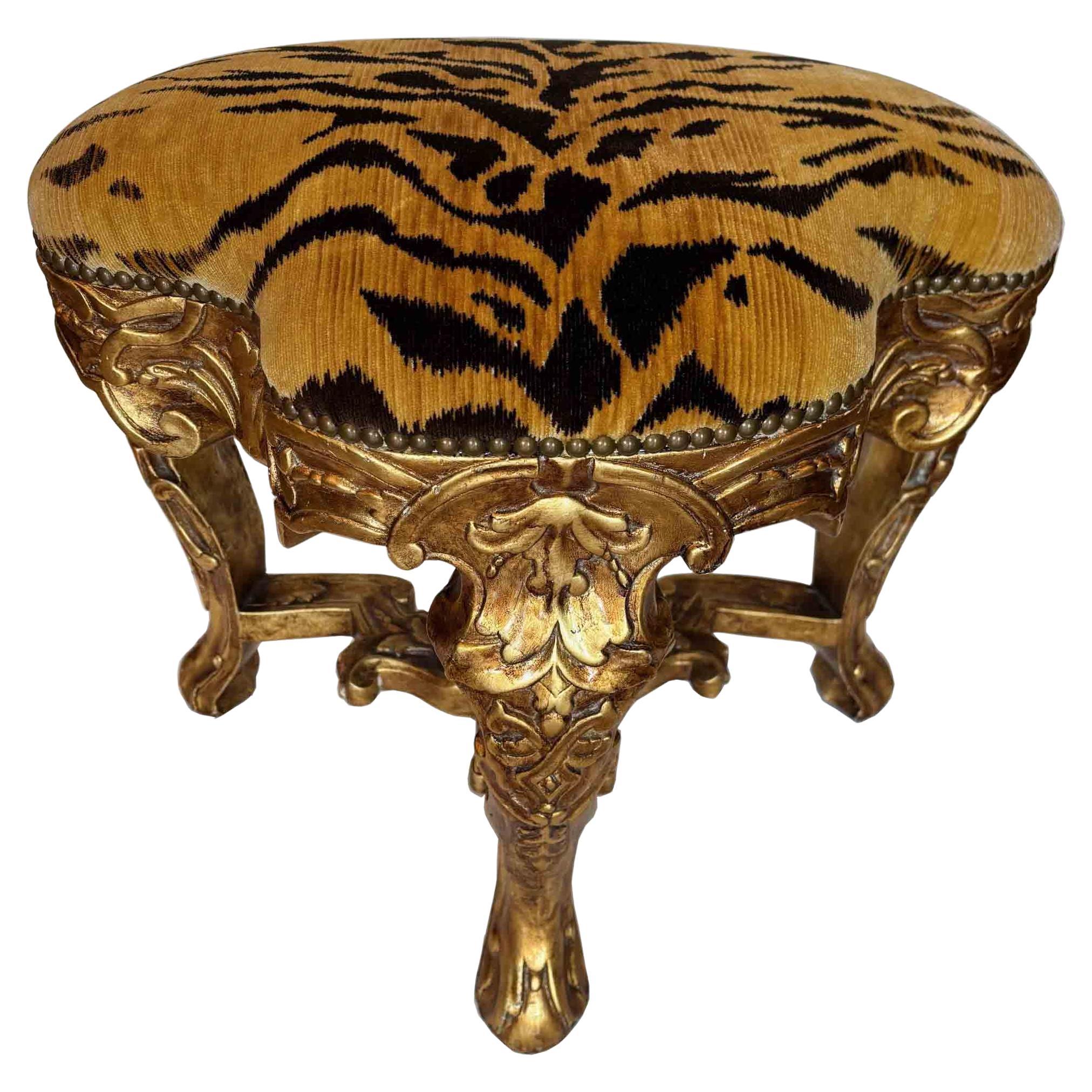 Made to Order Hand Carved and Hand-Crafted Wooden Italian Rococo Stool with Petite Antiqued Brass Nail Head Trim, Dutch Metal Finished and Upholstered with Tiger Print Velvet-Scalamandre, 4-Finished Framed in Stock, to be Upholstered
***Stool as
