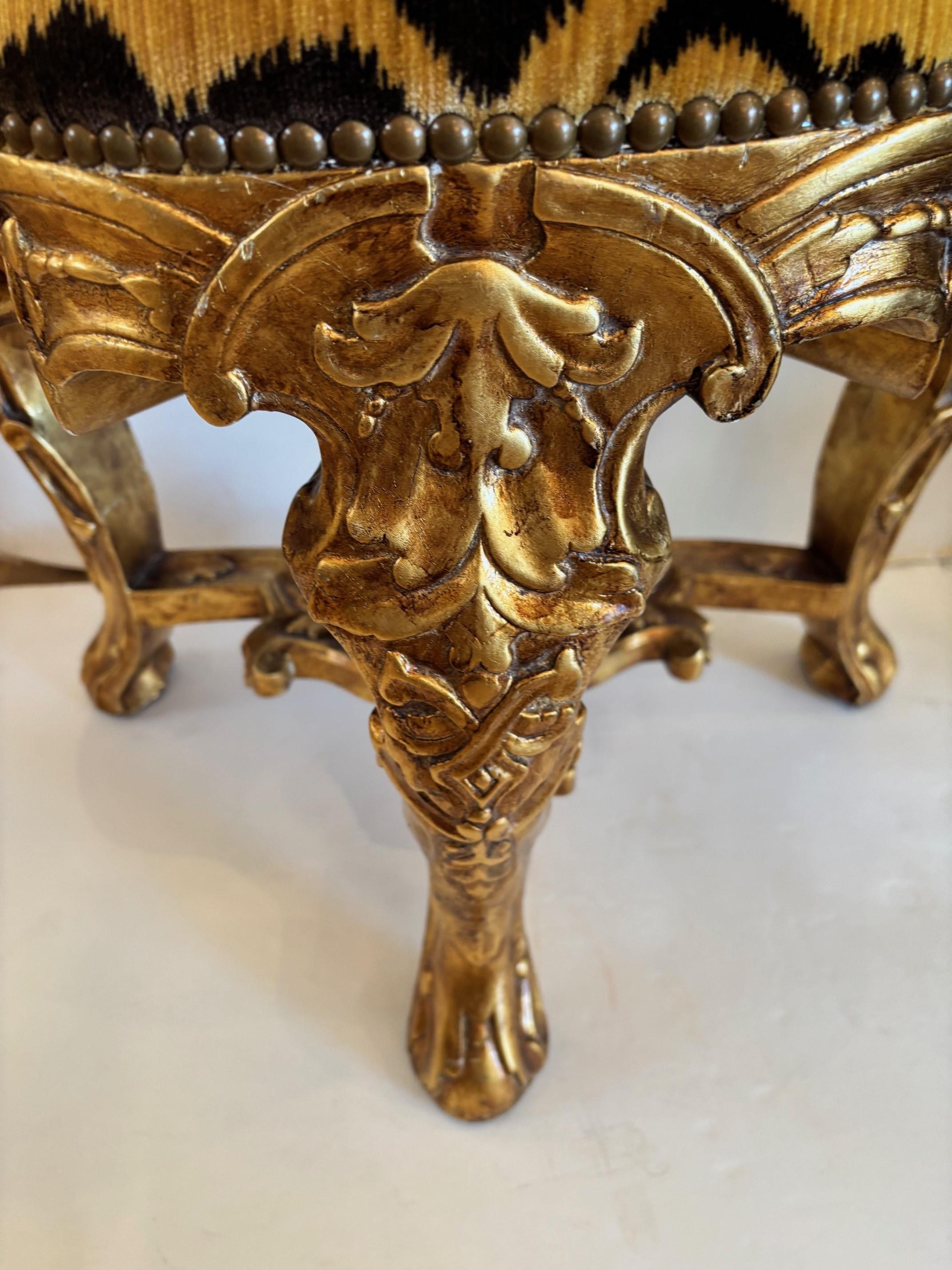 American Made to Oder Hand Carved and Handcrafted Italian Rococo Stool w/ Nail Head Trim For Sale
