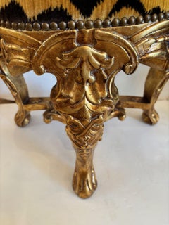 "New Hand-Carved Italian Rococo Stool, Velvet Tiger Print, Brass Nail head Trim"