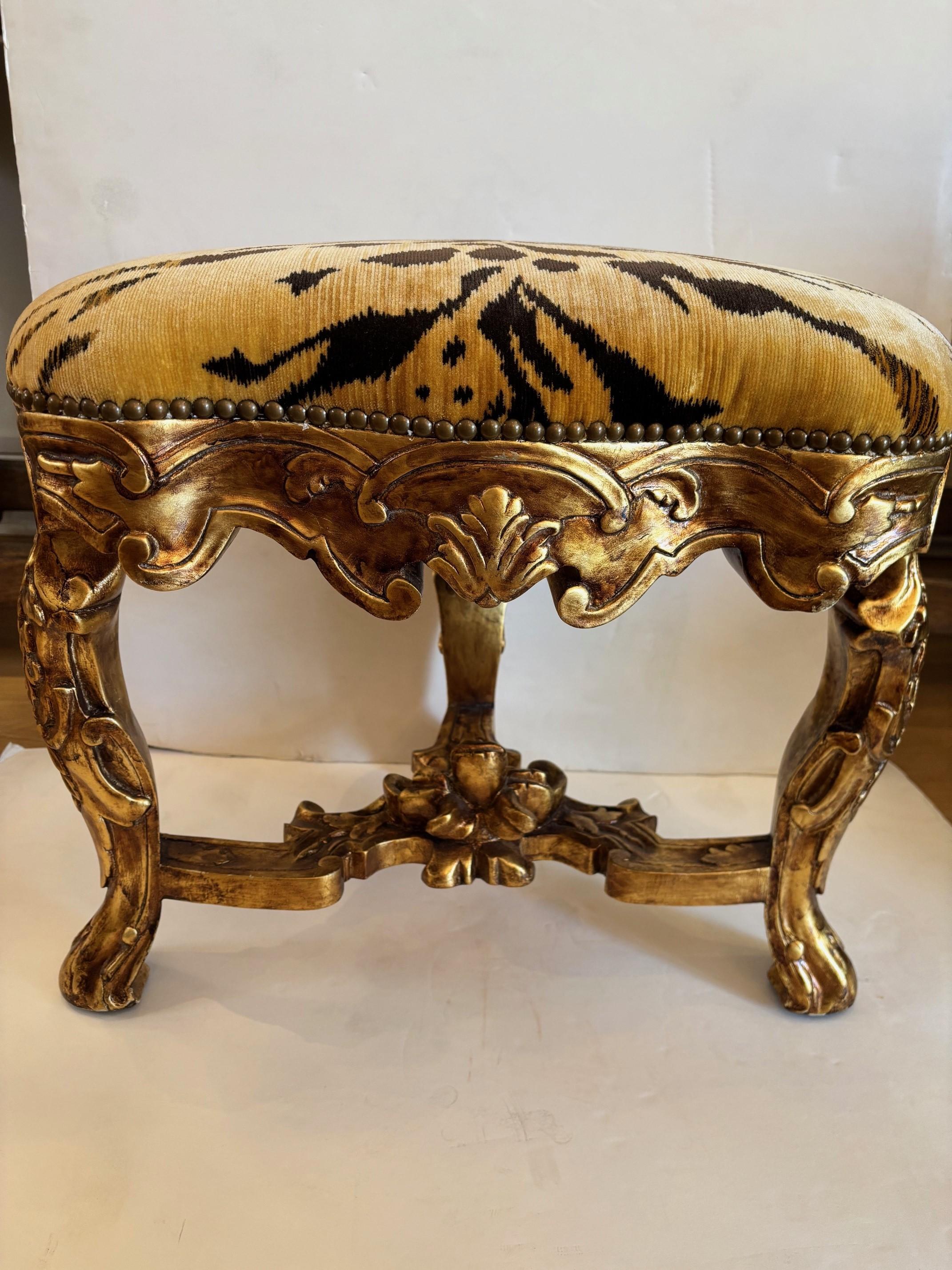 Fabric Made to Oder Hand Carved and Handcrafted Italian Rococo Stool w/ Nail Head Trim For Sale