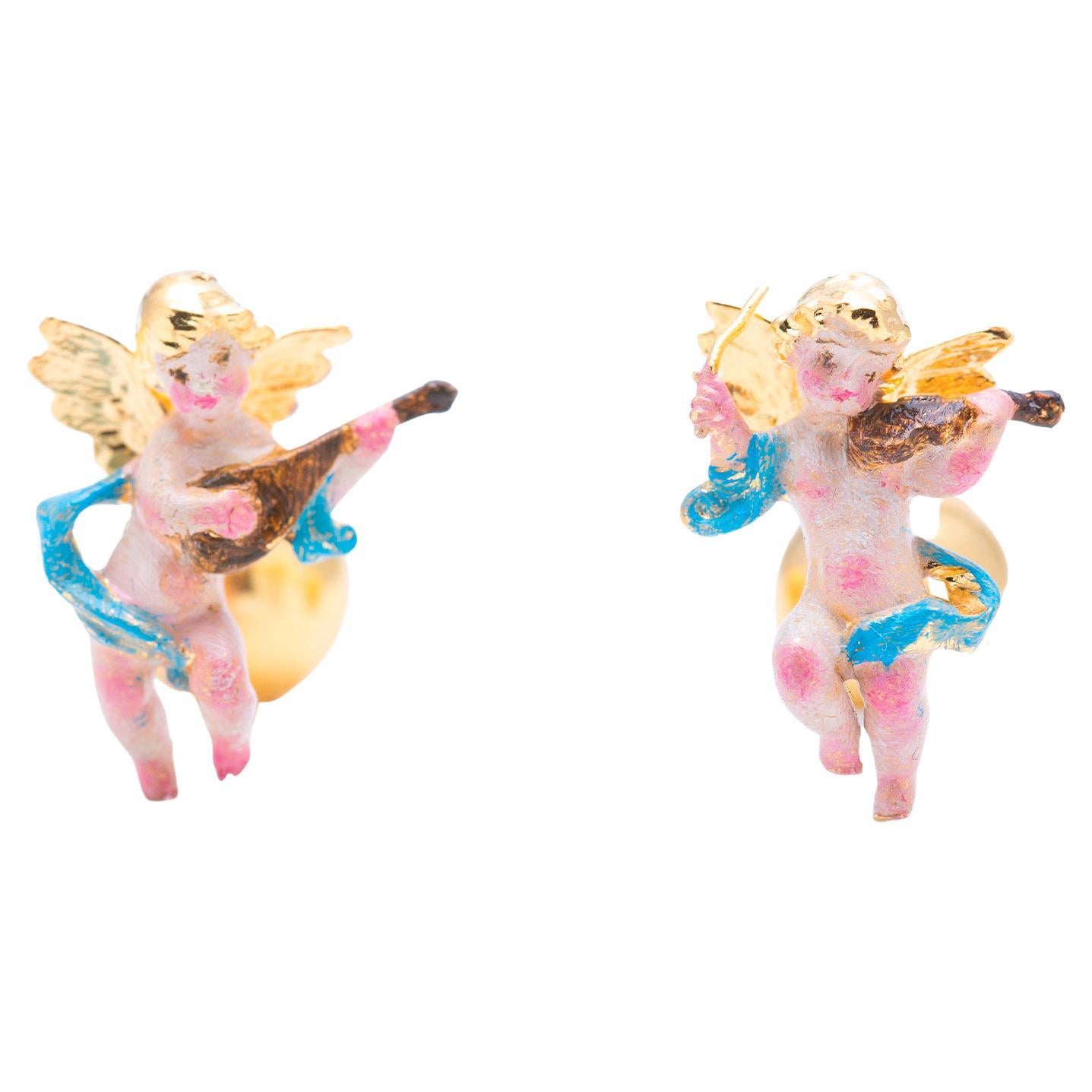 21st Century Polychromed Musician Angels Guitar Violin Yellow Gold Cufflinks For Sale