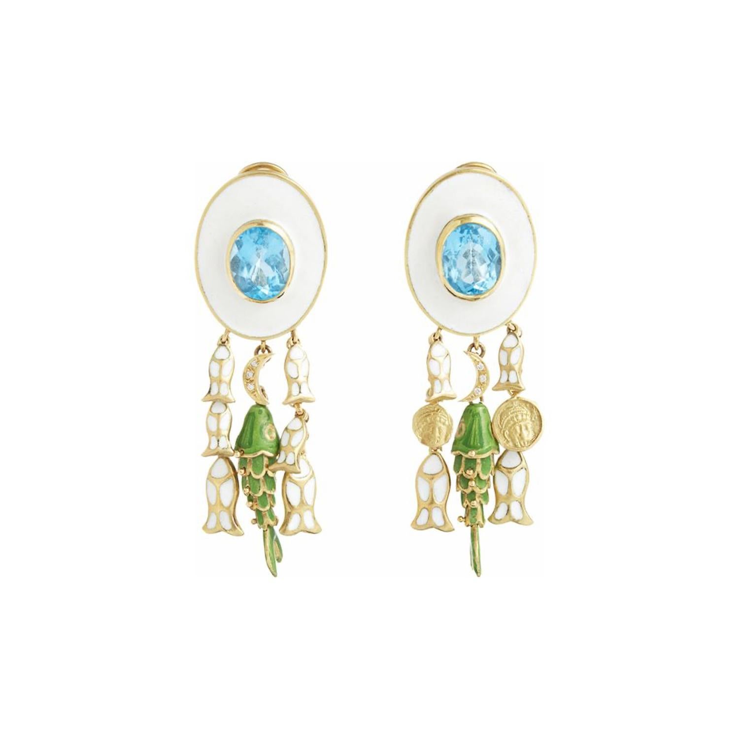 21ème siècle Boucles d'oreilles diamants Topaze bleue Poisson émail blanc vert or jaune  en vente