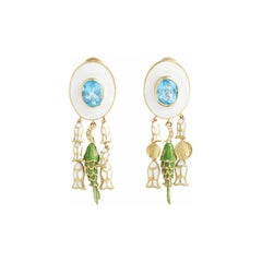 21st Century Diamonds Blue Topaz Fish White Green Enamel Yellow Gold Earrings