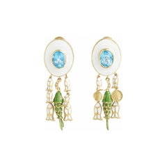 21st Century Diamonds Blue Topaz Fish White Green Enamel Yellow Gold Earrings 