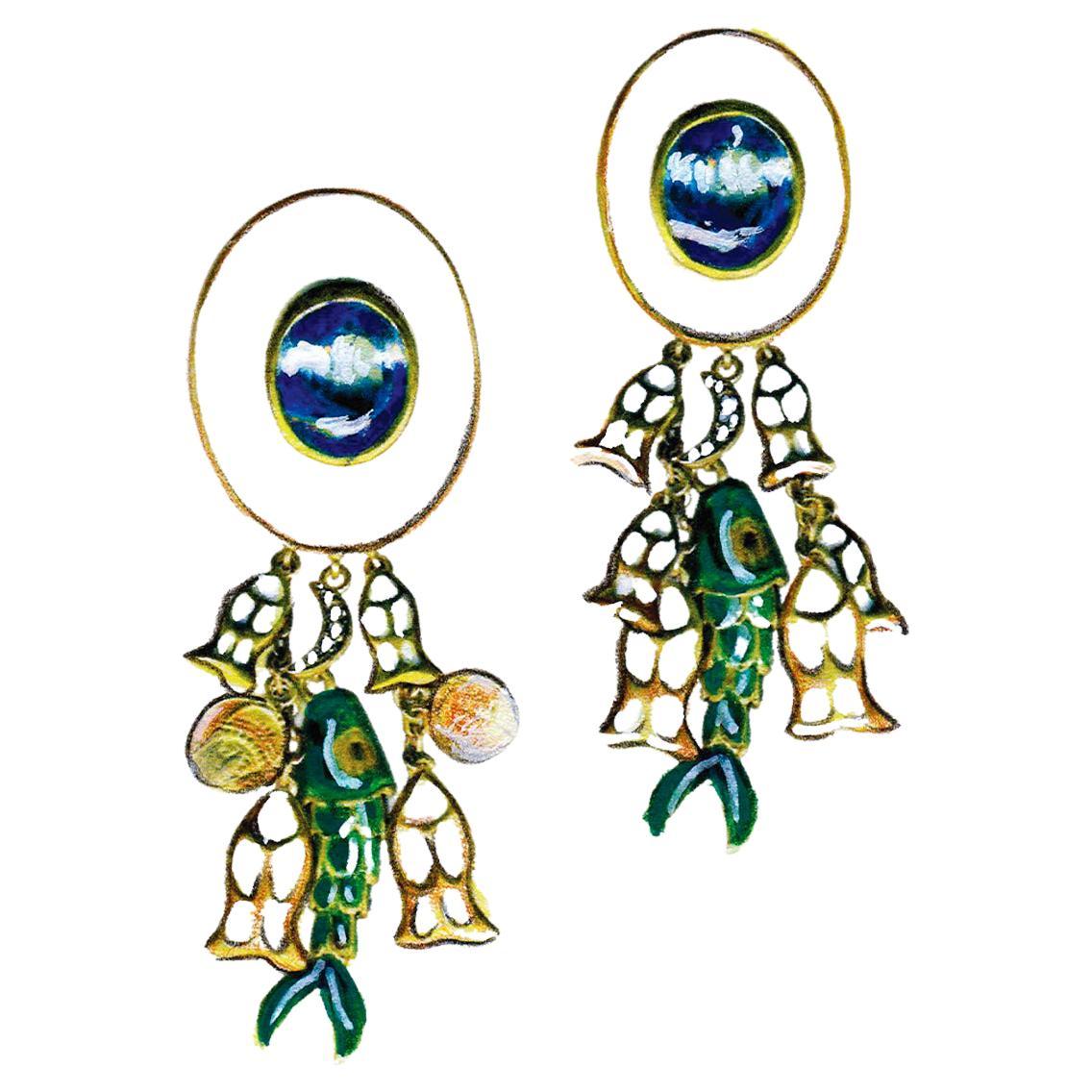 21st Century Diamonds Blue Topaz Fish White Green Enamel Yellow Gold Earrings 

MADE TO ORDER

18 Karat Gold Earrings  Diamonds Blue Topaz Enamel

18 Karat Gold Earrings Omega back with Blue Topaz, white Enamel, fishes.

Introducing our exquisite 18