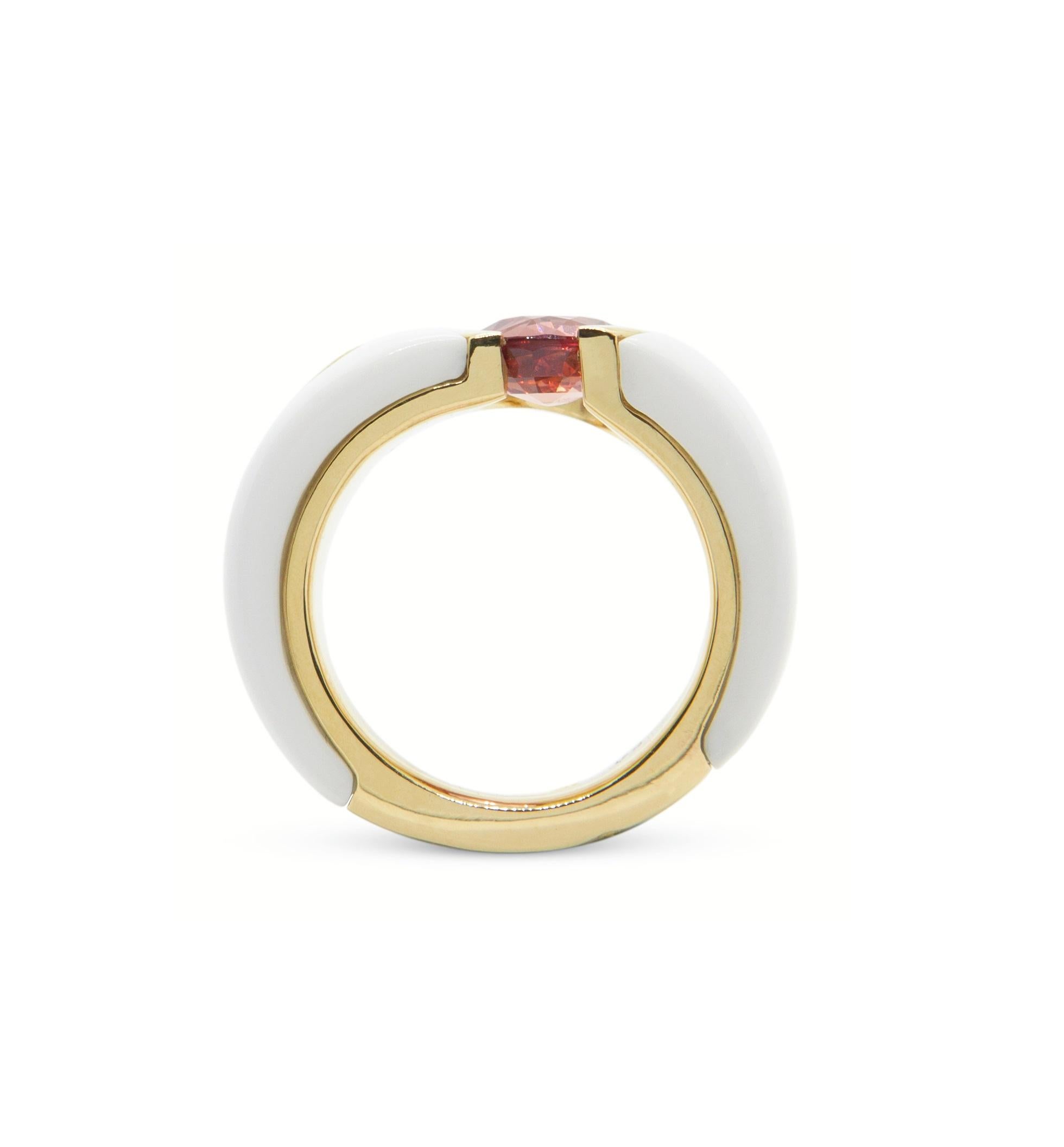 Contemporary Made to Order, 18K Yellow Gold Padparadscha Sapphire Tsavorite Cocktail Ring For Sale