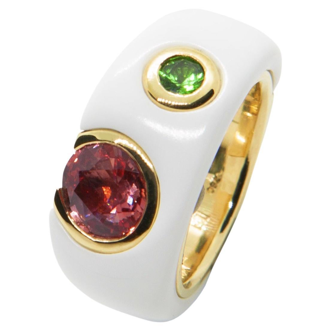 Made to Order, 18K Yellow Gold Padparadscha Sapphire Tsavorite Cocktail Ring For Sale