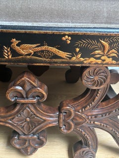 "New, Chinoiserie Stool with Walnut Base, Black Crackle Lacquer, Gold Detail"