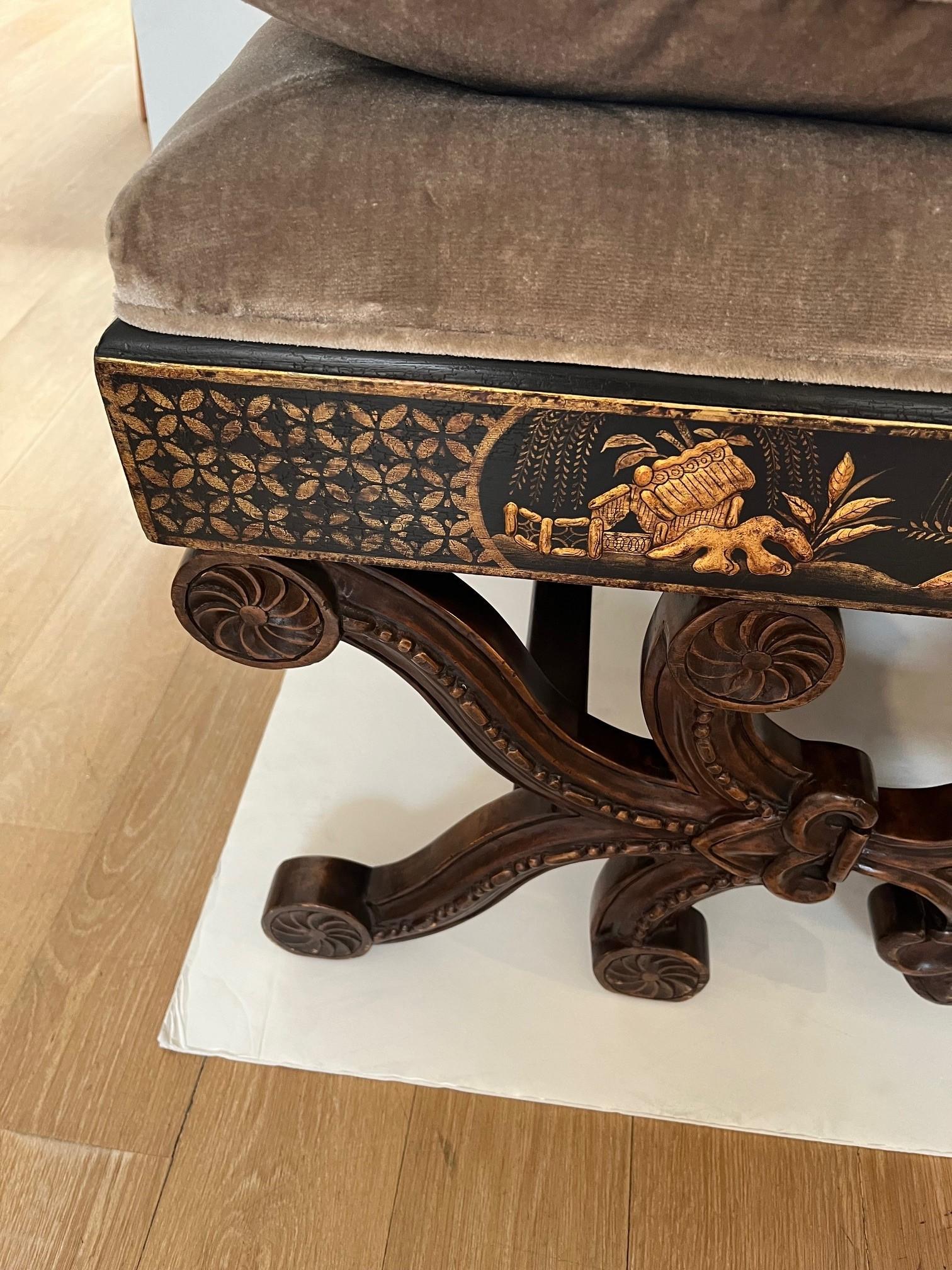 Carved Made to Order 20-26 Chinoiserie Stool with 23kt Gold Raised Chinoiserie Detail For Sale
