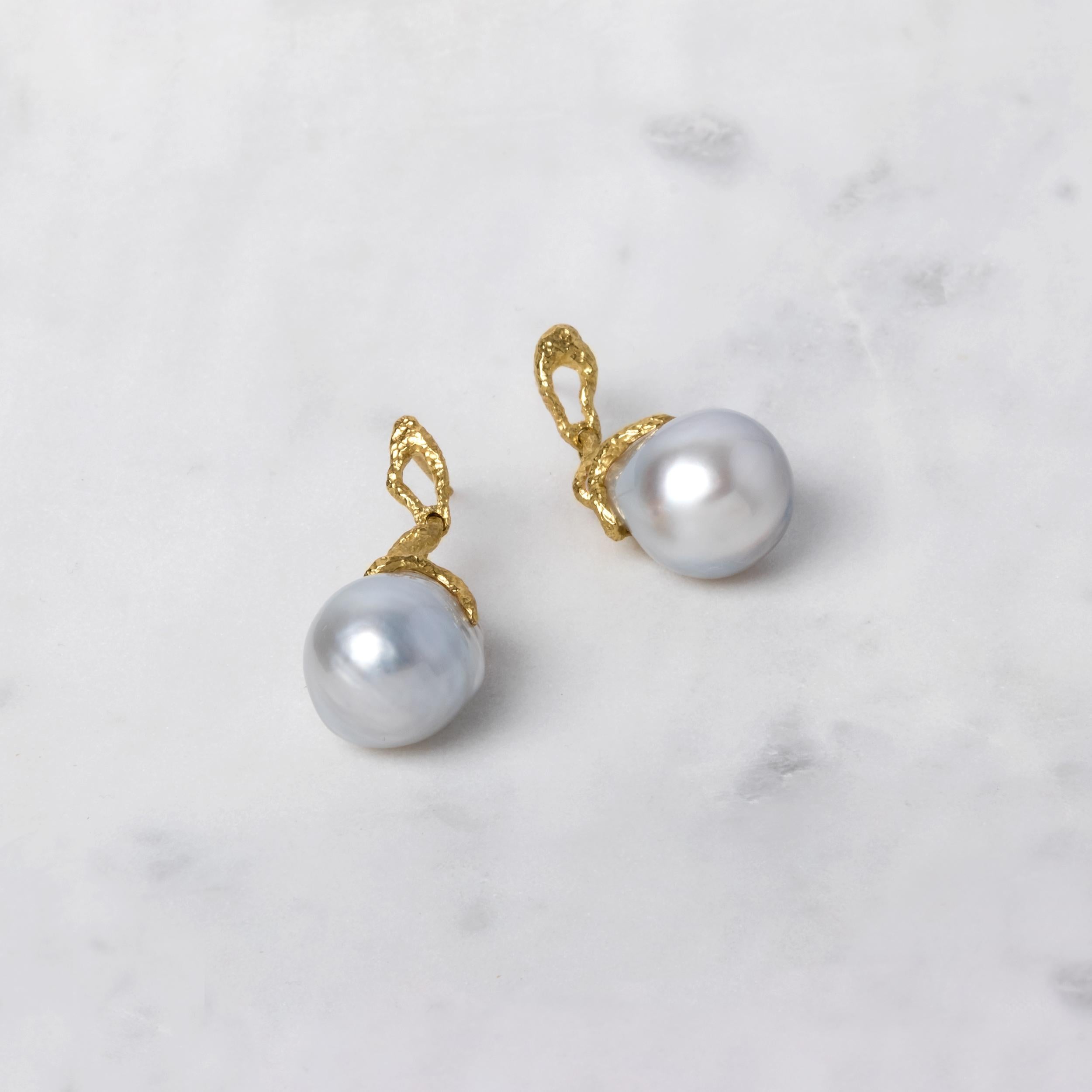 This one of a kind pair of earrings are from Lingjun's 'FISSURE' collection, featuring white Australian South Sea baroque pearls. 
IMPORTANT: Each pair of this design are made to order, due to baroque pearls' individual unique shapes, design and