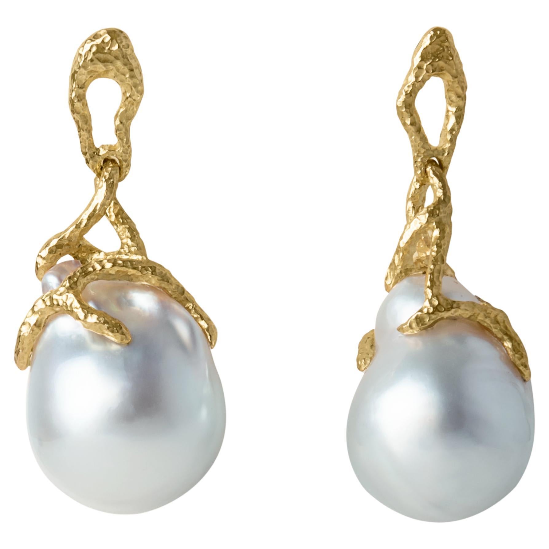 Contemporary Designer South Sea Baroque Pearl 18K Gold Dangle Drop Earrings For Sale