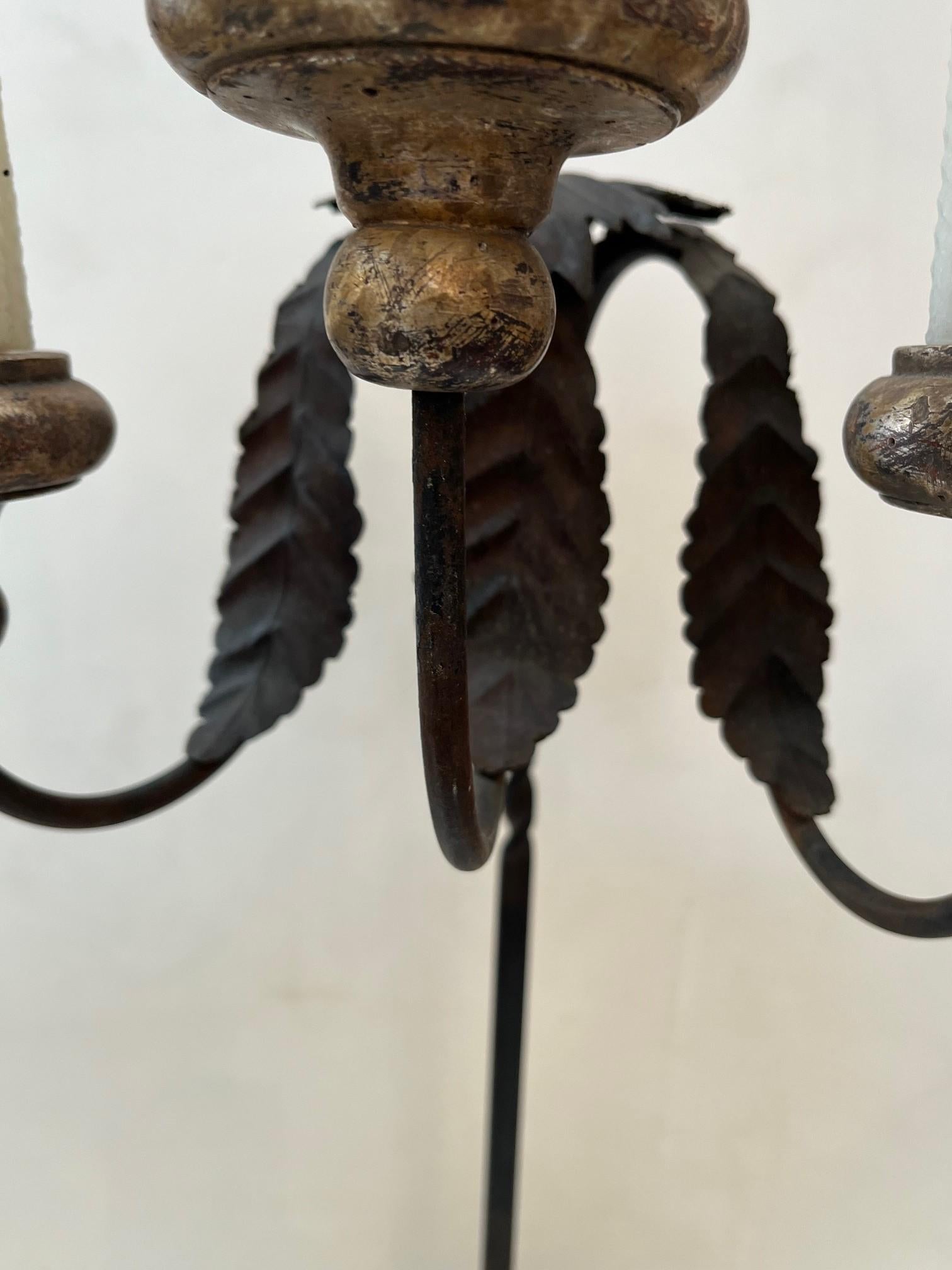 American Made to Order Carved Forged Iron and Stone Base Three Lites Candlestick For Sale