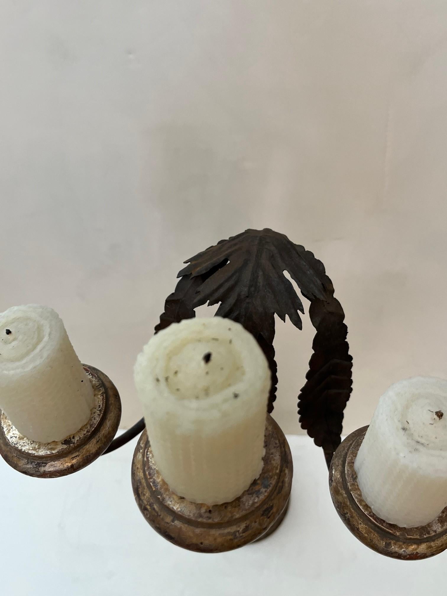 Patinated Made to Order Carved Forged Iron and Stone Base Three Lites Candlestick For Sale