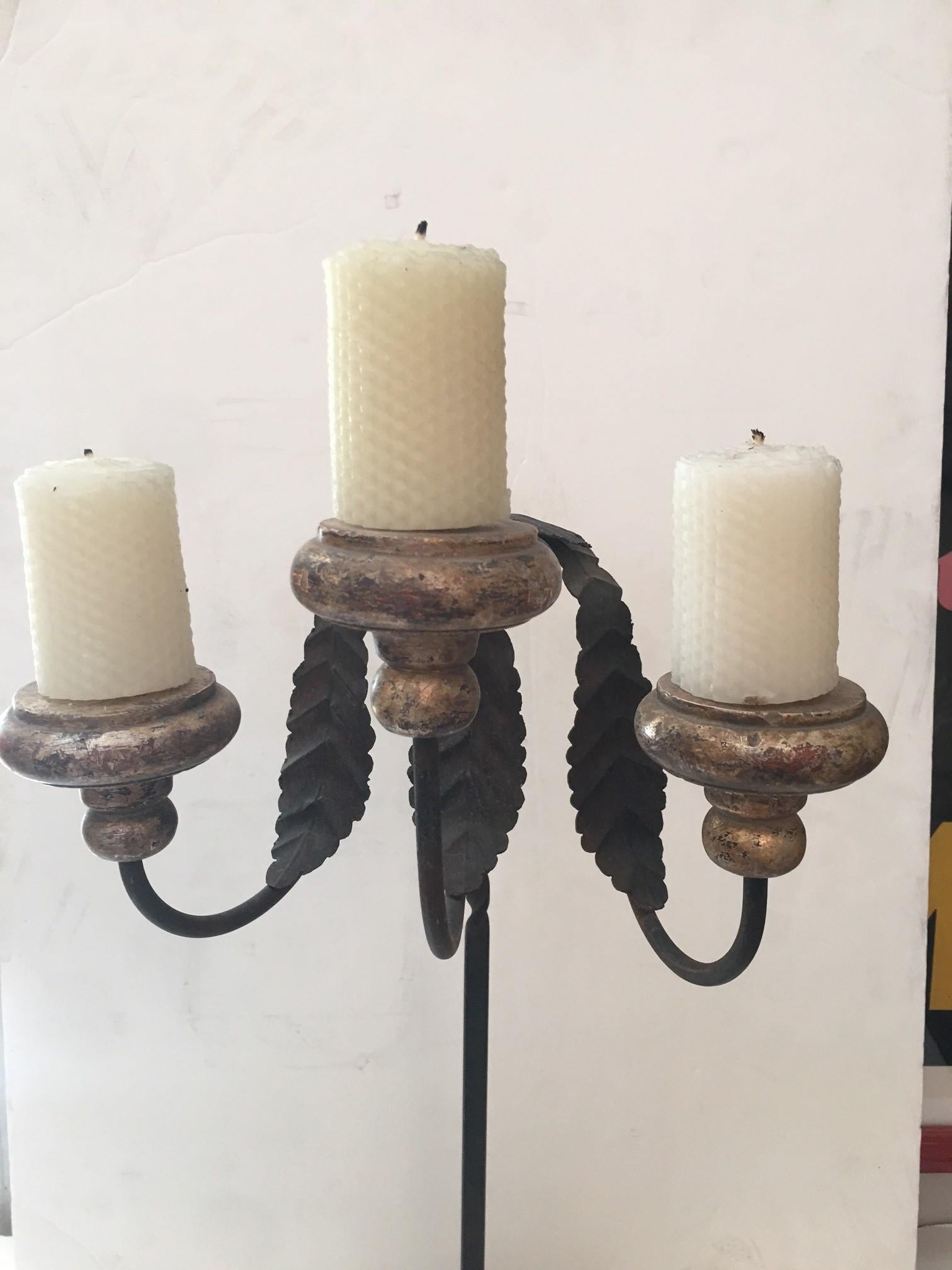 Made to Order Carved Forged Iron and Stone Base Three Lites Candlestick In New Condition For Sale In Los Angeles, CA