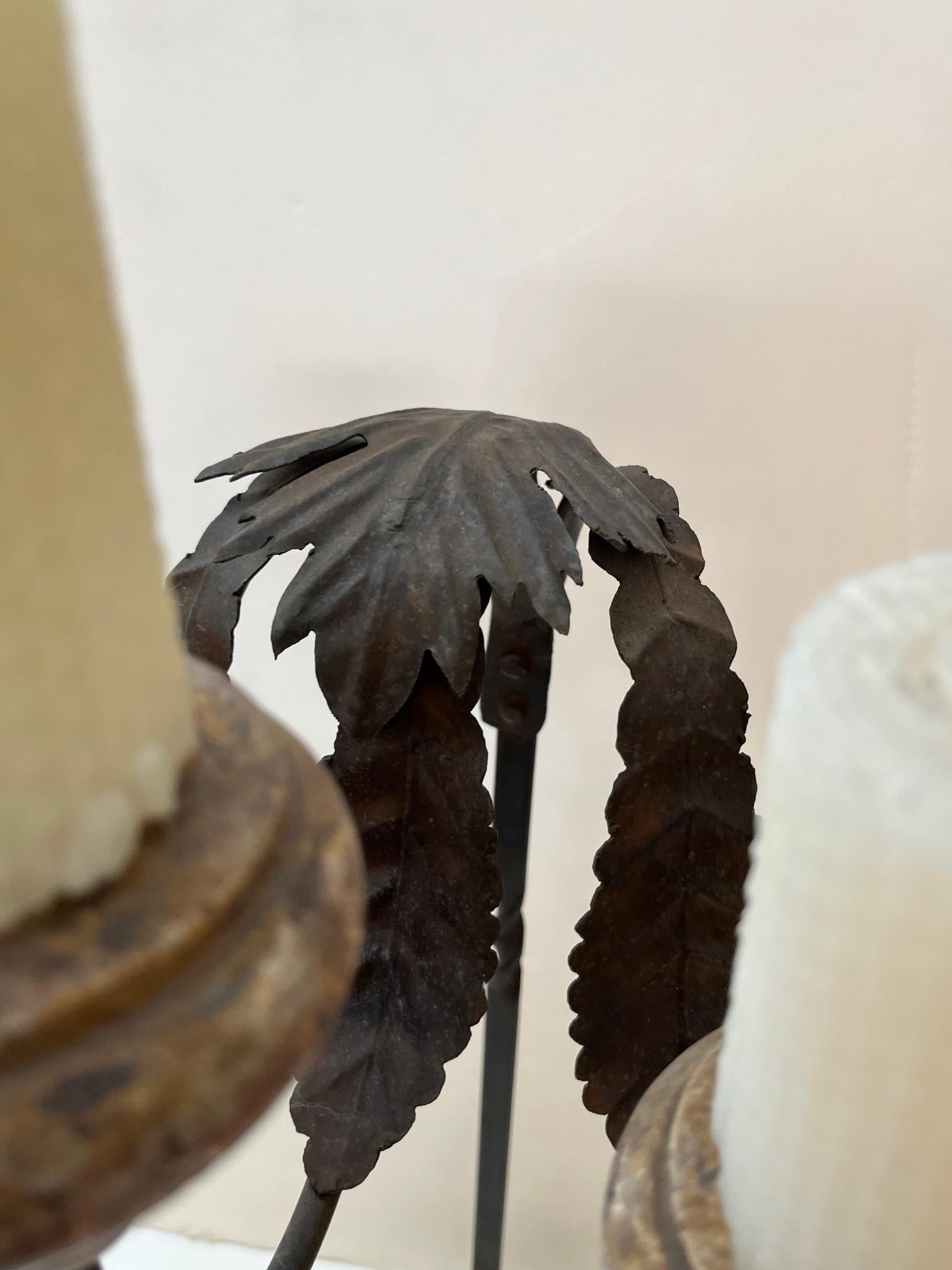 Contemporary Made to Order Carved Forged Iron and Stone Base Three Lites Candlestick For Sale