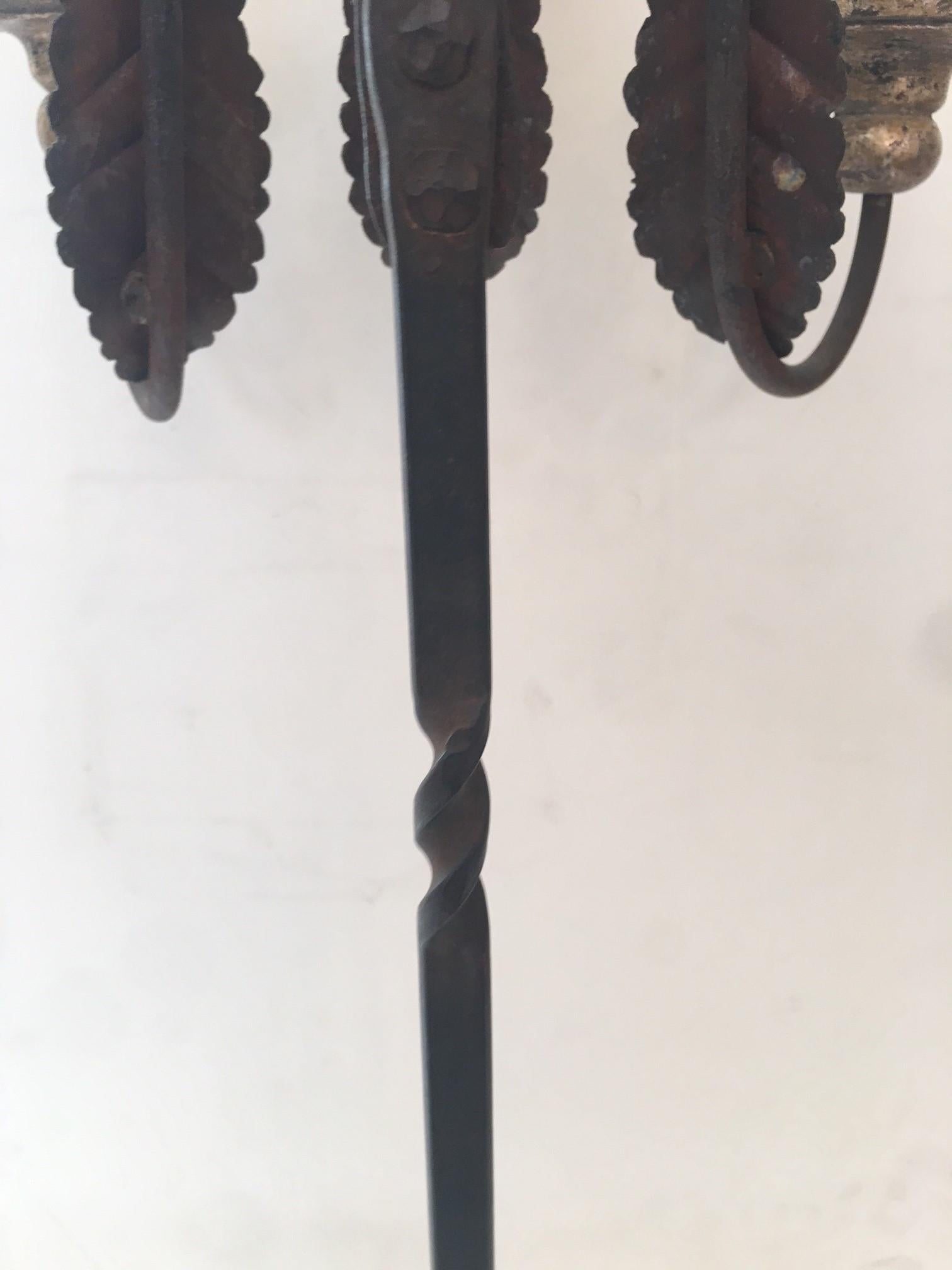 Made to Order Carved Forged Iron and Stone Base Three Lites Candlestick For Sale 1