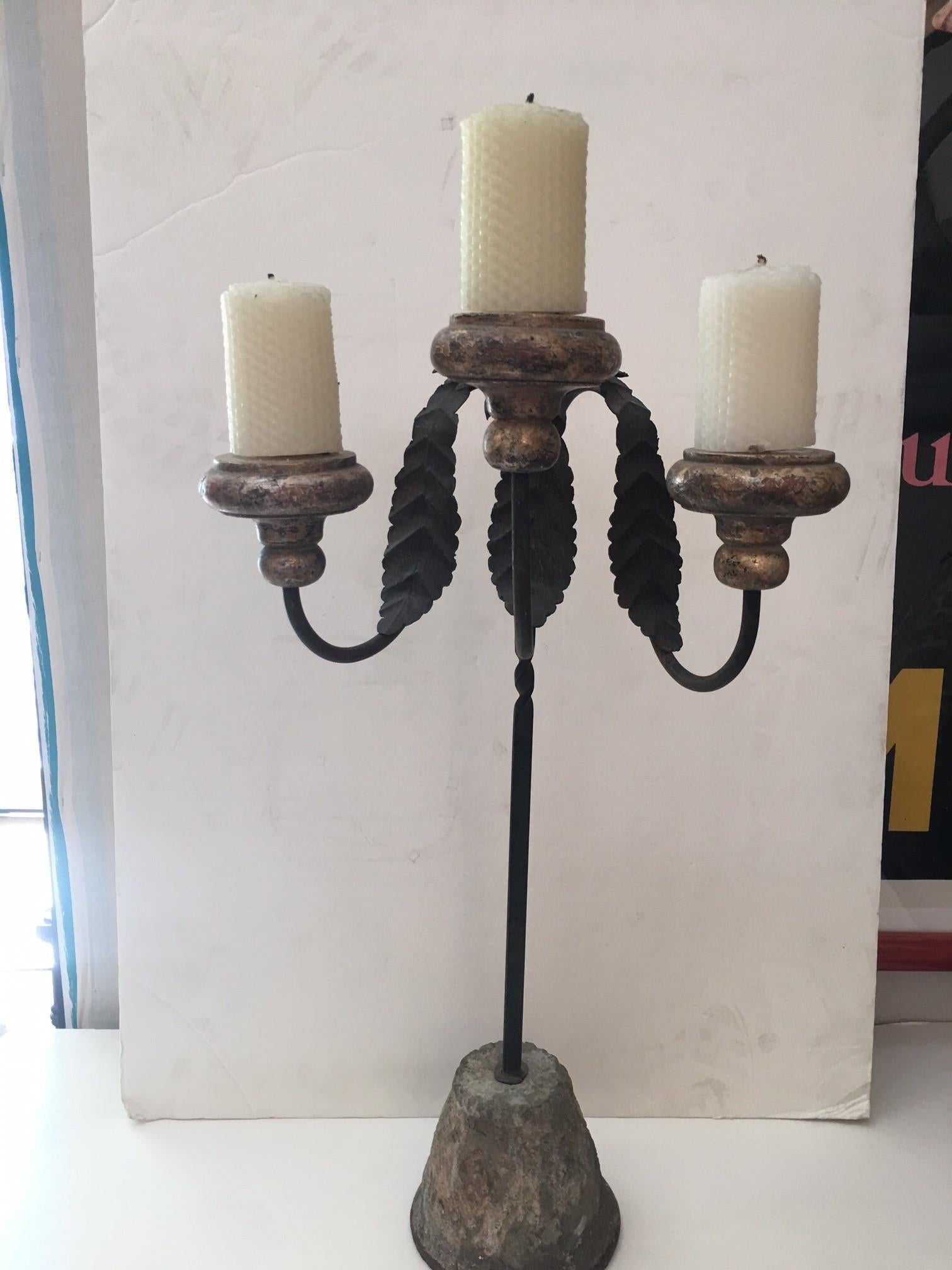 Made to Order Carved Forged Iron and Stone Base Three Lites Candlestick For Sale 3