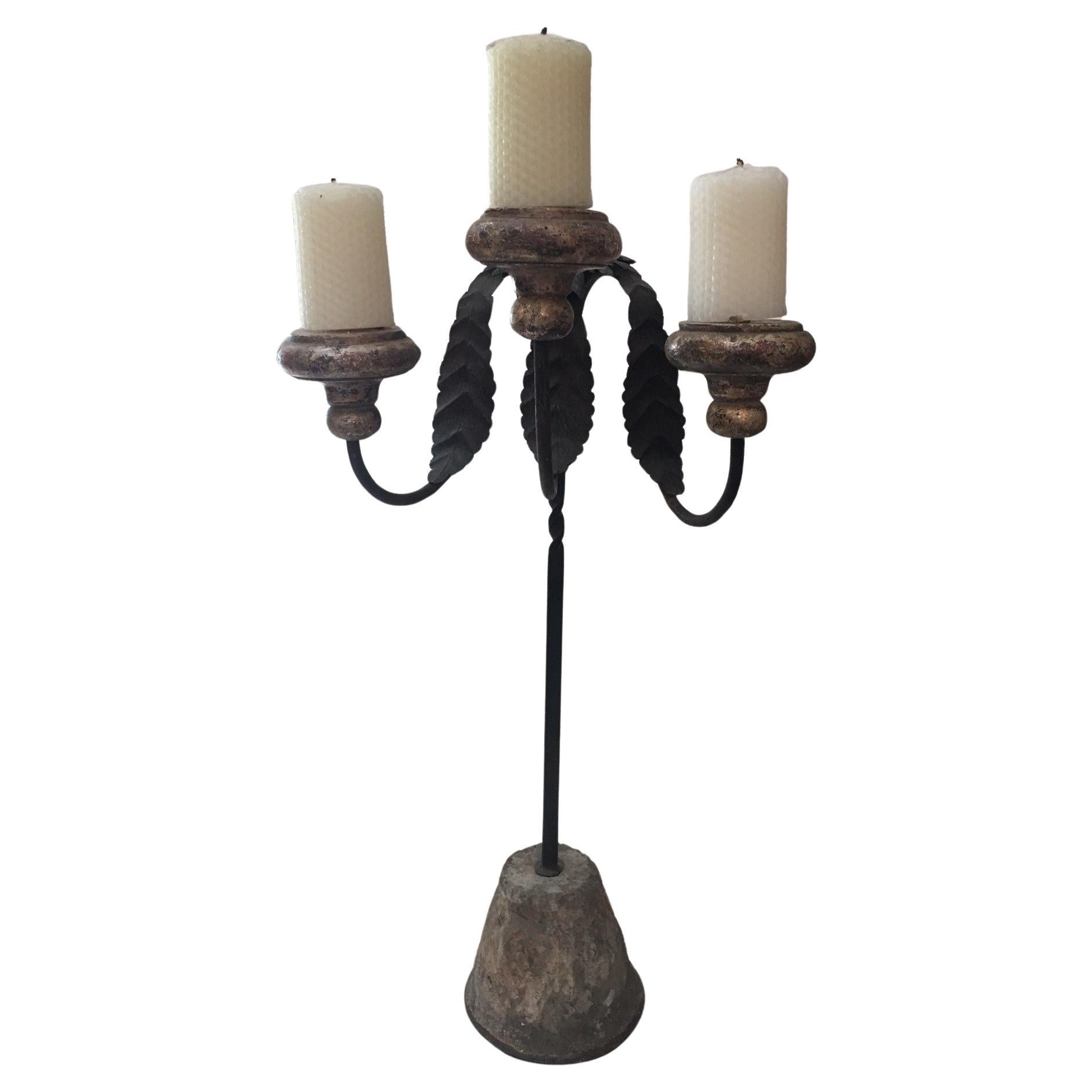 Made to Order Carved Forged Iron and Stone Base Three Lites Candlestick