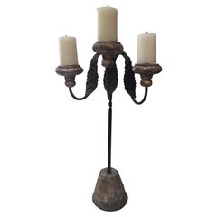 Made to Order Carved Forged Iron and Stone Base Three Lites Candlestick