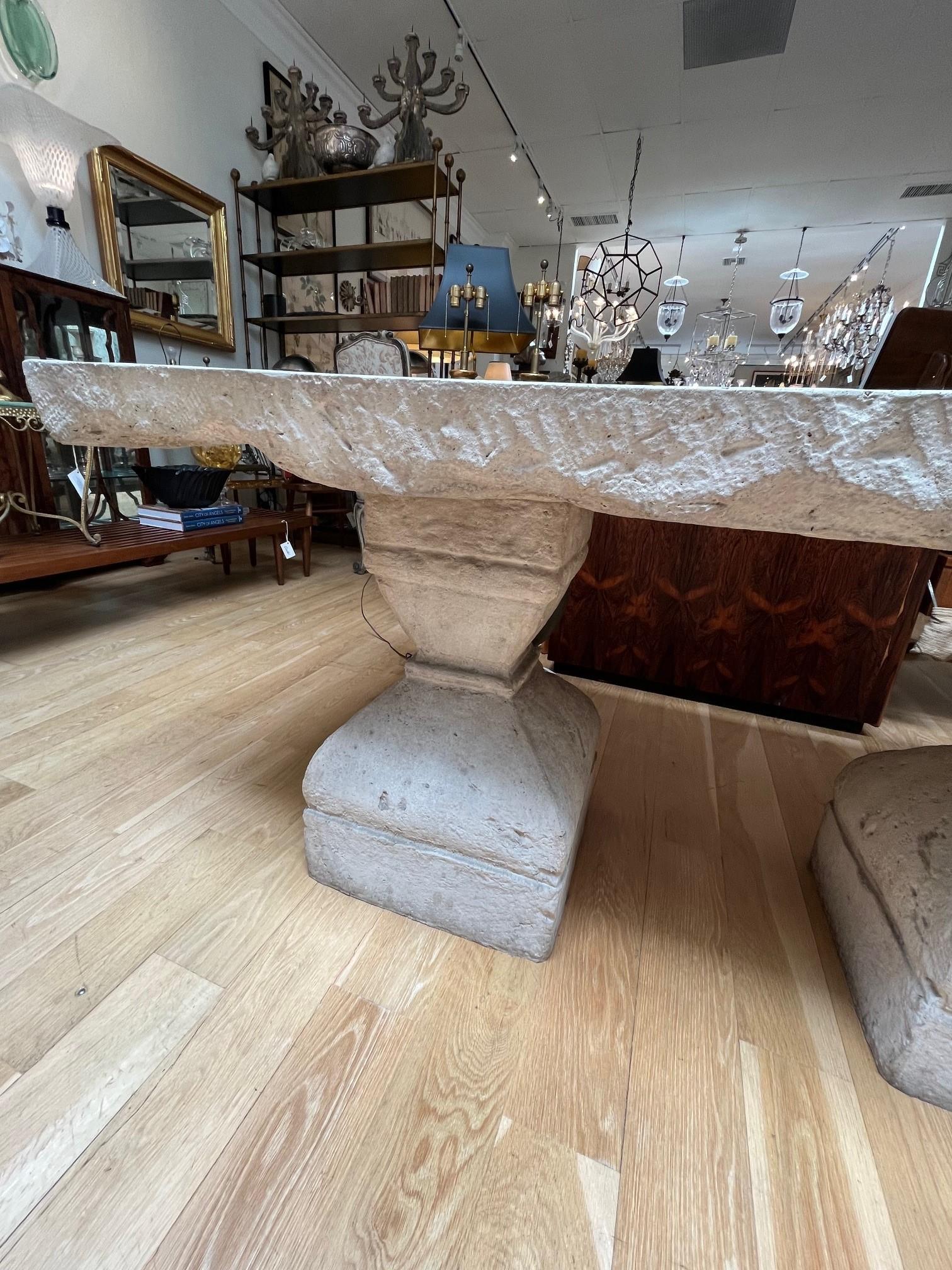 Contemporary Made to Order Carved Stone Mission Dining Table with Carved Baluster Form Bases  For Sale