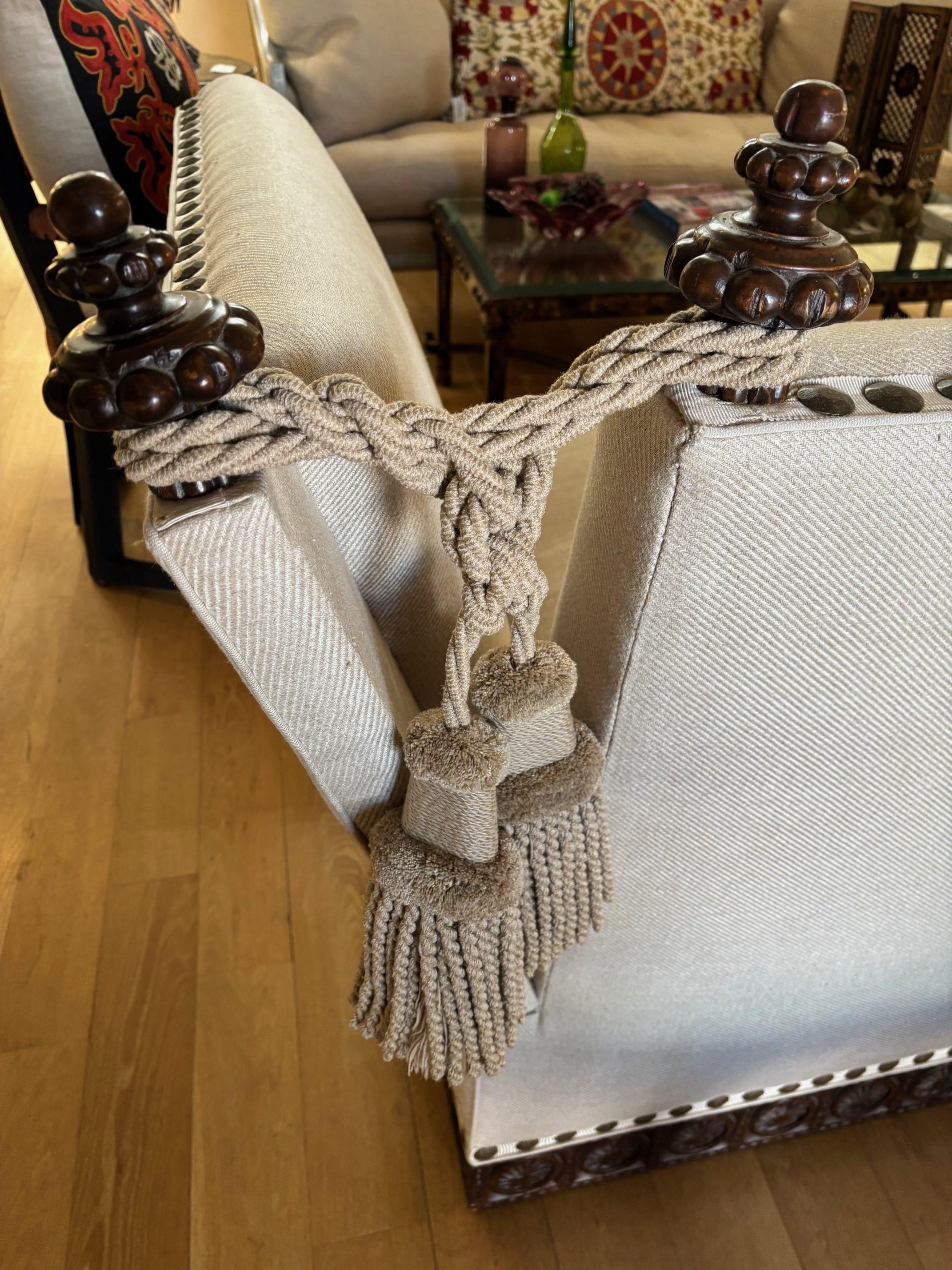Made to Order Classic Drop Arm Knole Sofa Upholstered in Off White Linen with Soft Foam Core with 50/50 White Goose Down Cushion Fill, Carved Solid Walnut Base Finished in Dark Walnut, Solid Walnut Finials at Corners Finished in Dark Walnut with