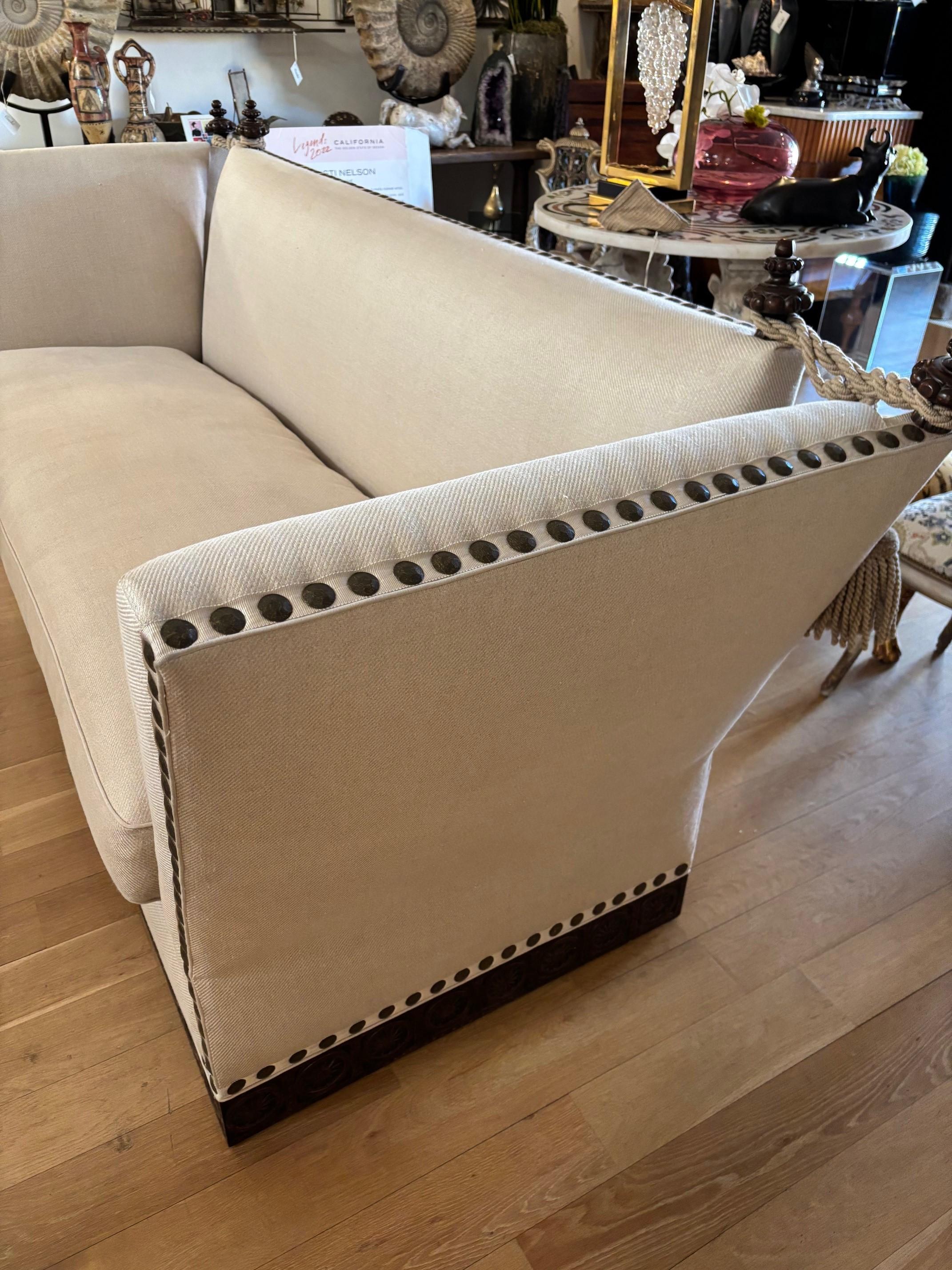 Made to Order Classic Drop Arm Knole Sofa with Carved Solid Walnut Base For Sale 5