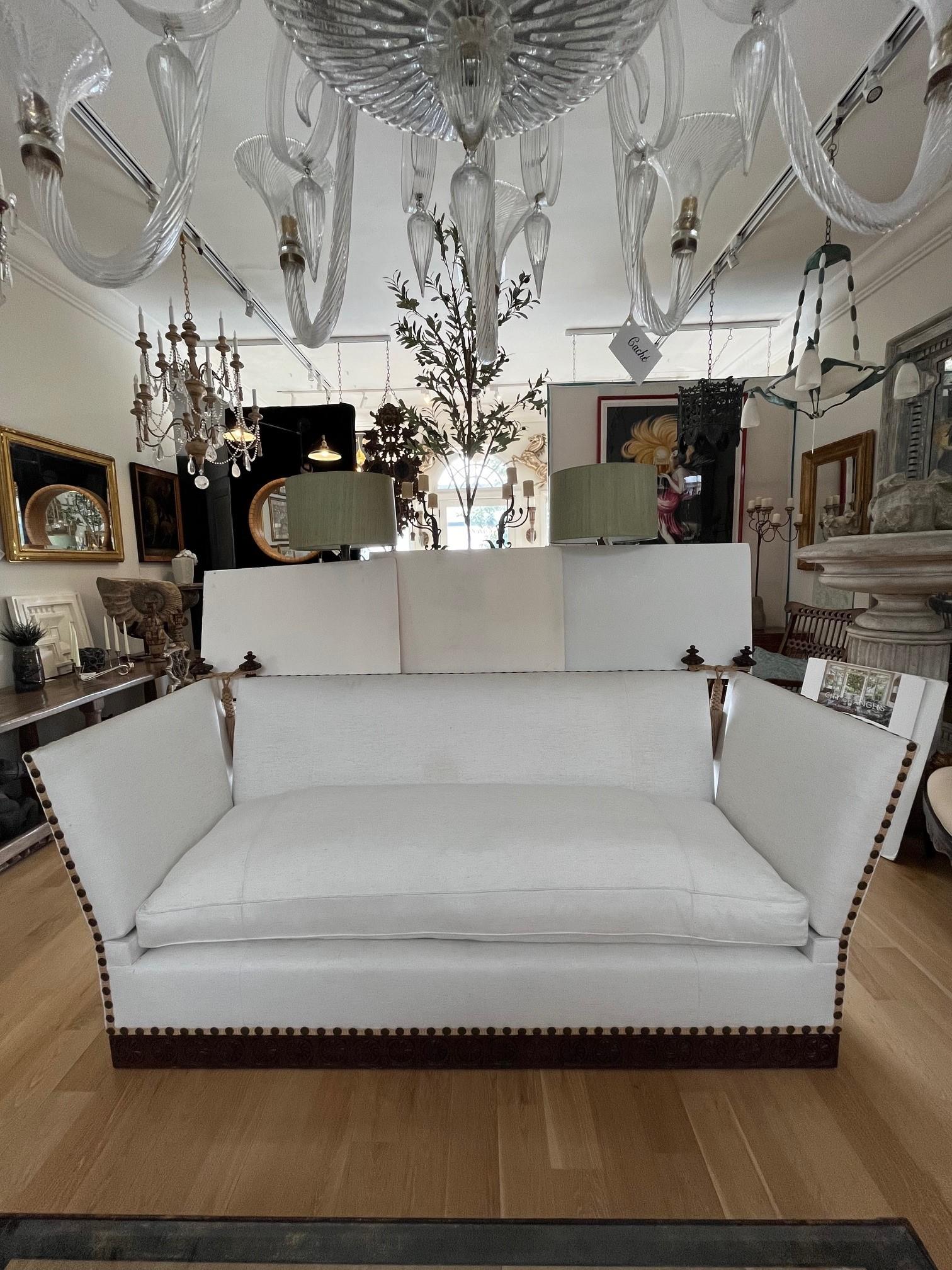 Made to Order Classic Drop Arm Knole Sofa with Carved Solid Walnut Base  In New Condition For Sale In Los Angeles, CA