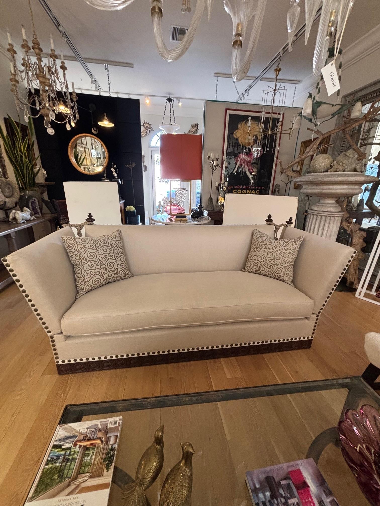 American Made to Order Classic Drop Arm Knole Sofa with Carved Solid Walnut Base For Sale