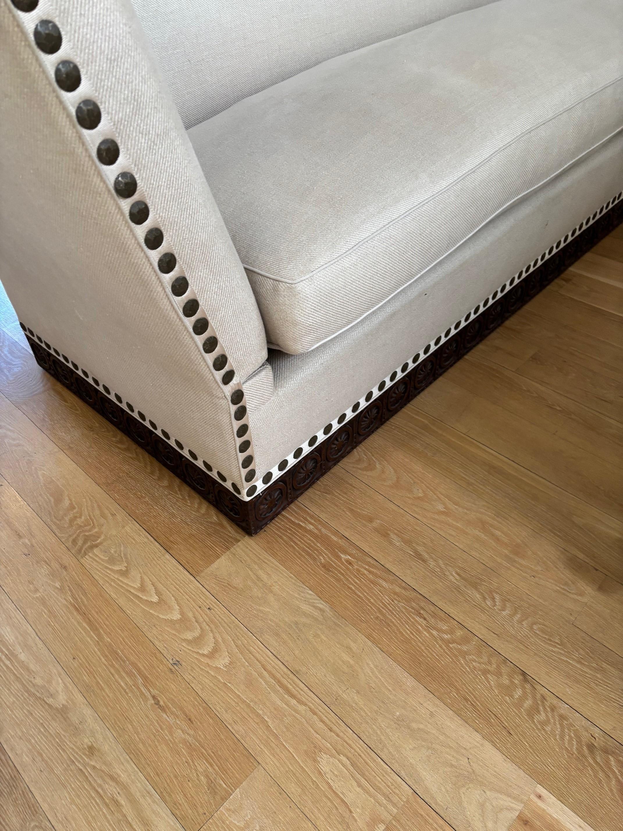 Made to Order Classic Drop Arm Knole Sofa with Carved Solid Walnut Base For Sale 2