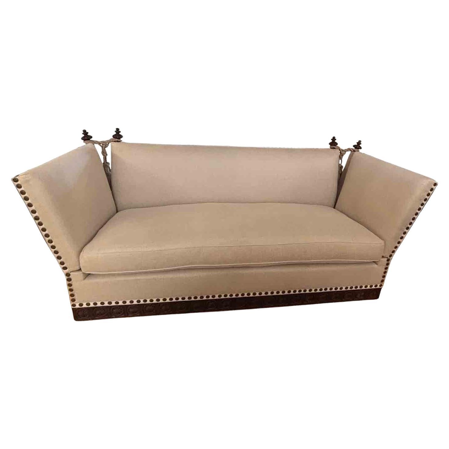 Made to Order Classic Drop Arm Knole Sofa with Carved Solid Walnut Base For Sale