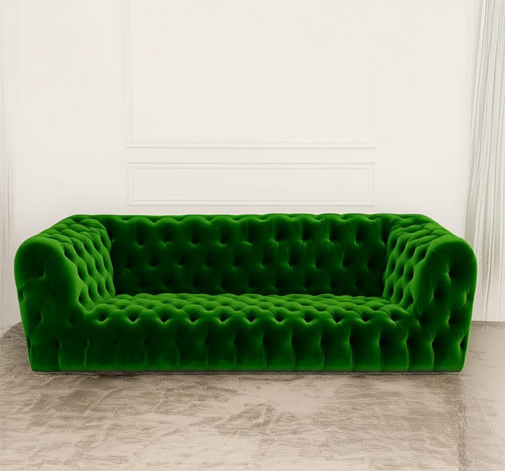 Mid-Century Modern Made To Order Classic Style Sofa with Tufting In Eden Green Velvet For Sale