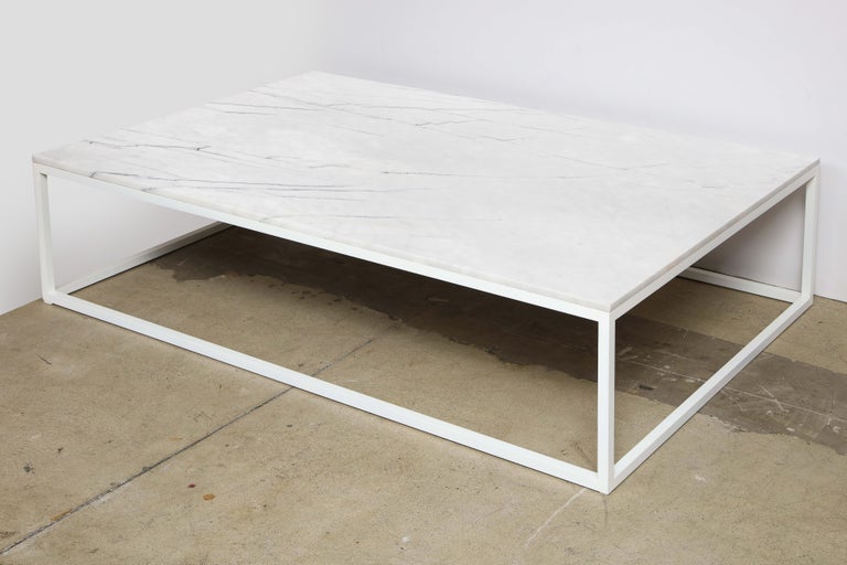Made to order coffee table metal white base and marble top 

THIS TABLE IN STOCK AS SHOWN

Measures: H: 16.5 D: 46 W: 72 in.

Available in custom sizes and with various materials and finishes.
   
  