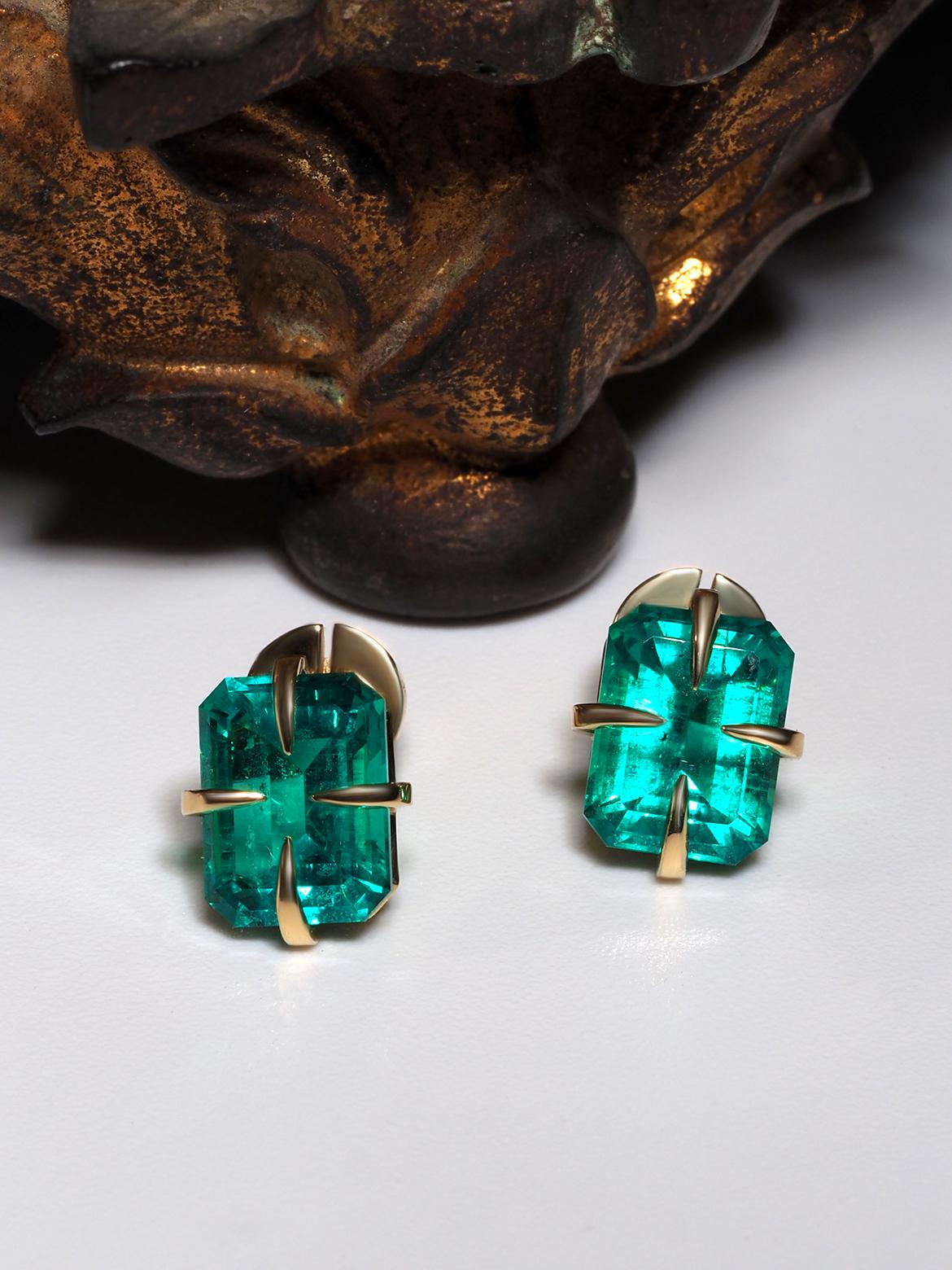 Taille octogone Sur commande Boucles d'oreilles or Emeraude de Colombie Or jaune 18K Béryl vert en vente