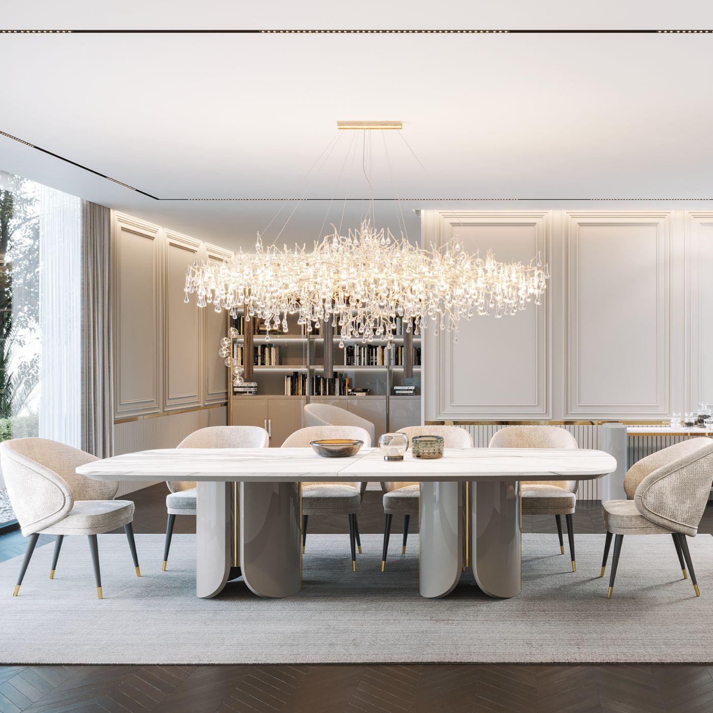 This dining table features a refined and contemporary design, blending luxurious materials with minimalist architecture. Its two sculptural legs are finished in a high-gloss lacquer, creating a sleek and modern base. The tabletop, crafted from