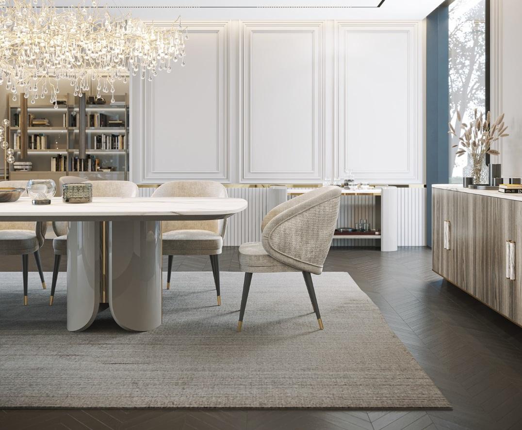 Modern Made To Order Dining Table with Stone Top, Lacquered Base, and Metal Accents For Sale