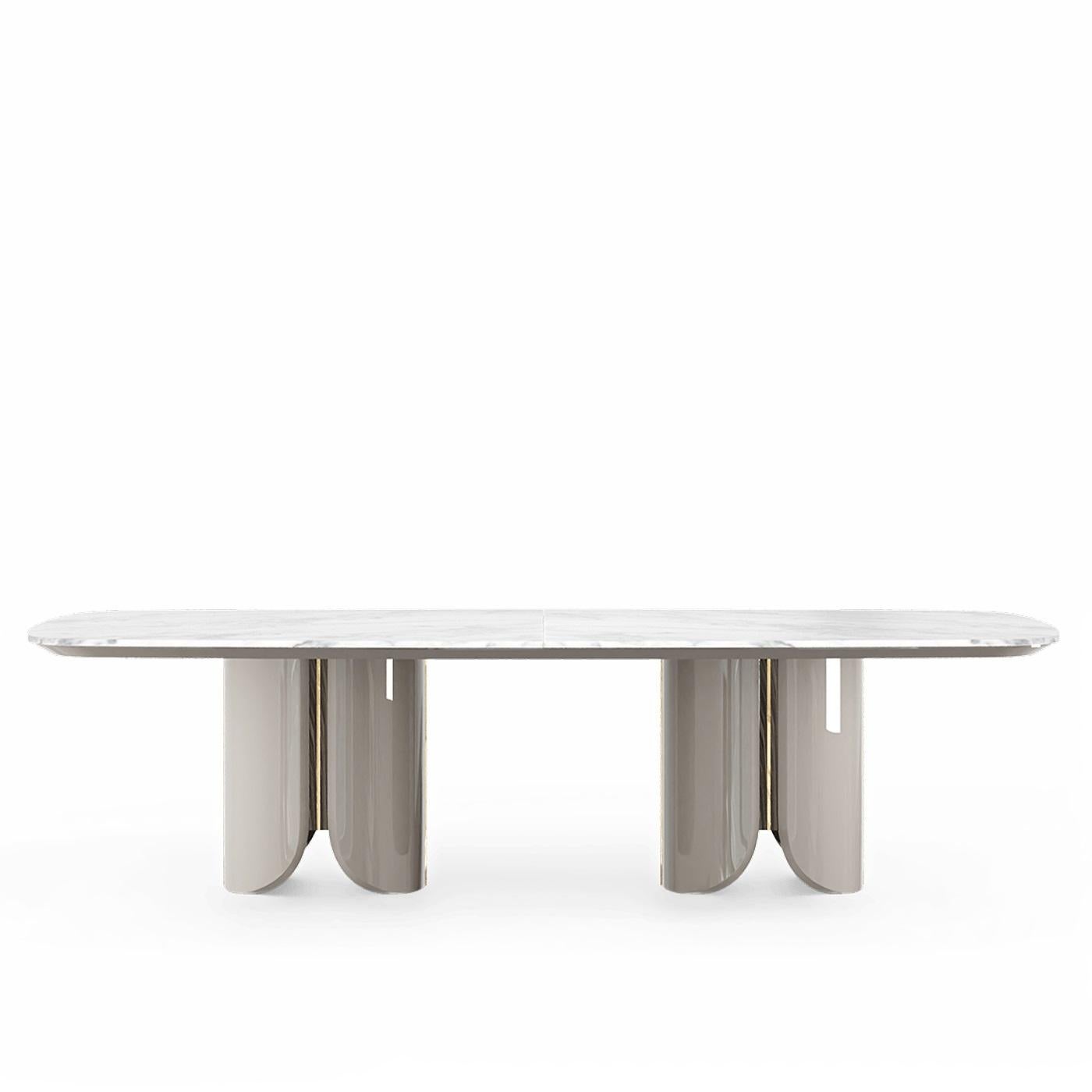Portuguese Made To Order Dining Table with Stone Top, Lacquered Base, and Metal Accents For Sale