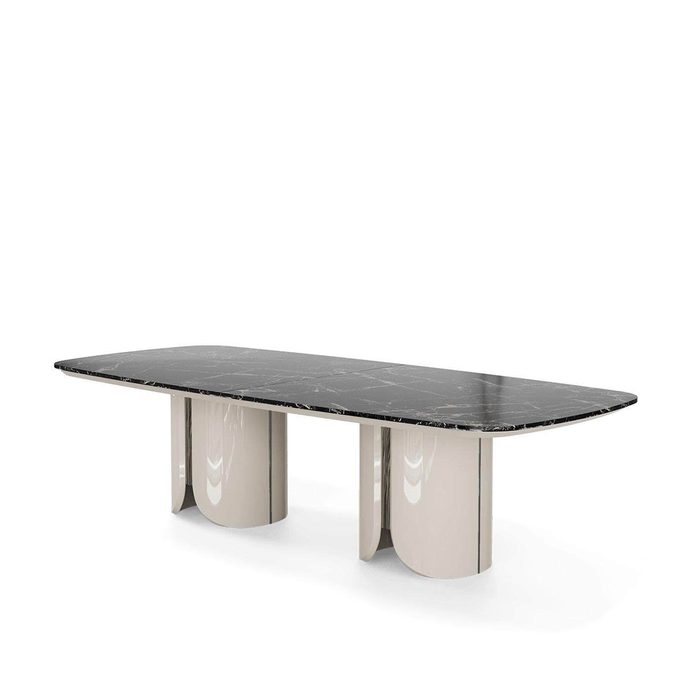 Hand-Crafted Made To Order Dining Table with Stone Top, Lacquered Base, and Metal Accents For Sale