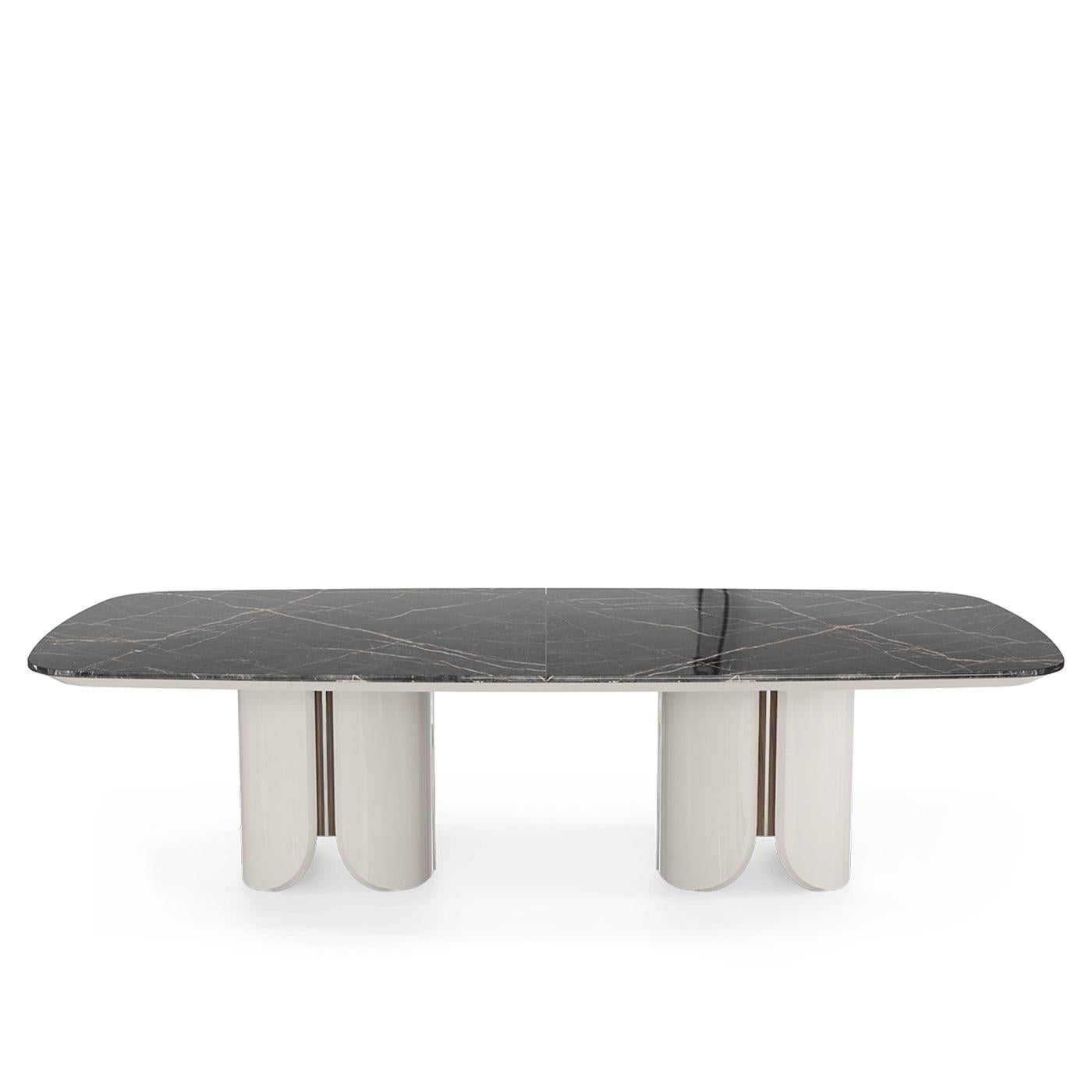 Made To Order Dining Table with Stone Top, Lacquered Base, and Metal Accents In New Condition For Sale In NEW YORK, NY
