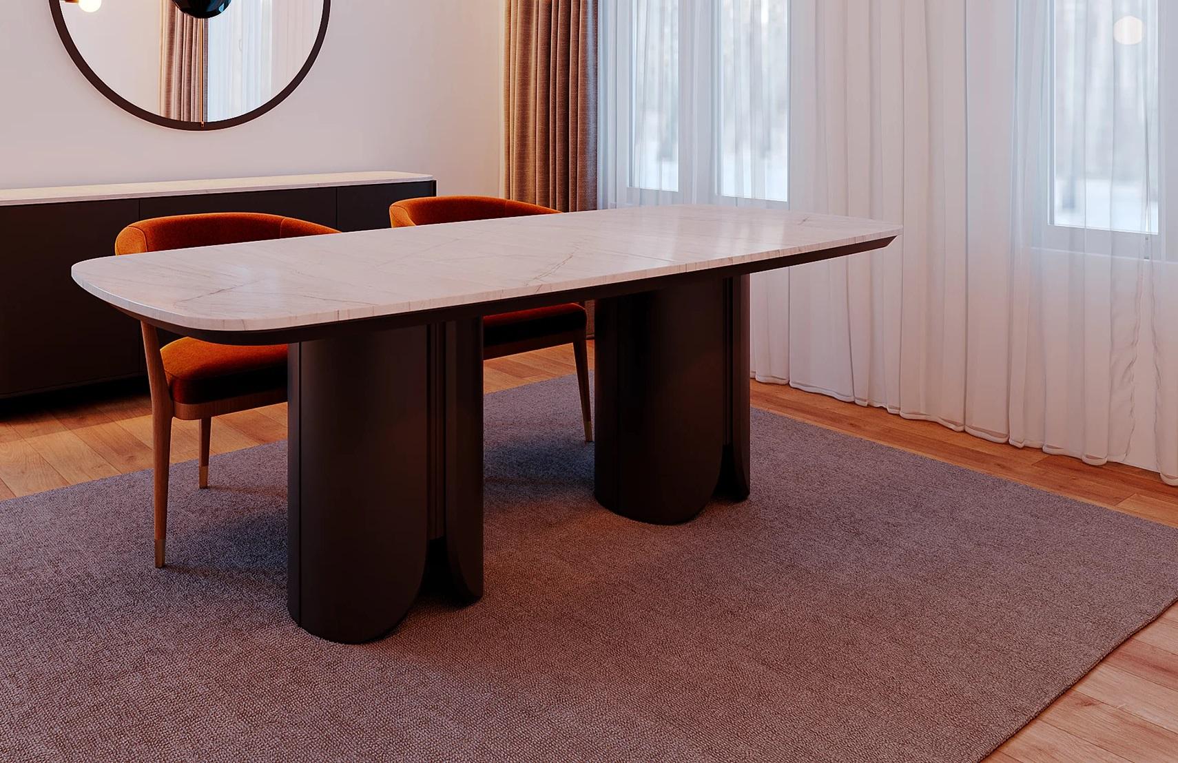 Marble Made To Order Dining Table with Stone Top, Lacquered Base, and Metal Accents For Sale